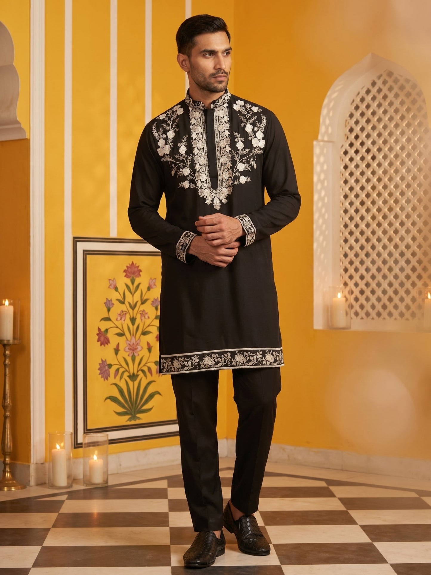 Premium Imported Japanese Embroidered Kurta Set ( 65KP 5544Black )