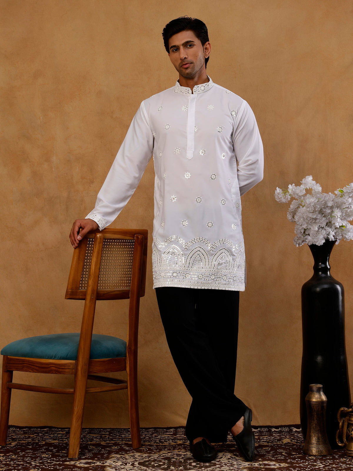 Premium Japanese Fabric Embroidered Kurta with Korean Pants ( 65KP PJ11B J 5547 White )