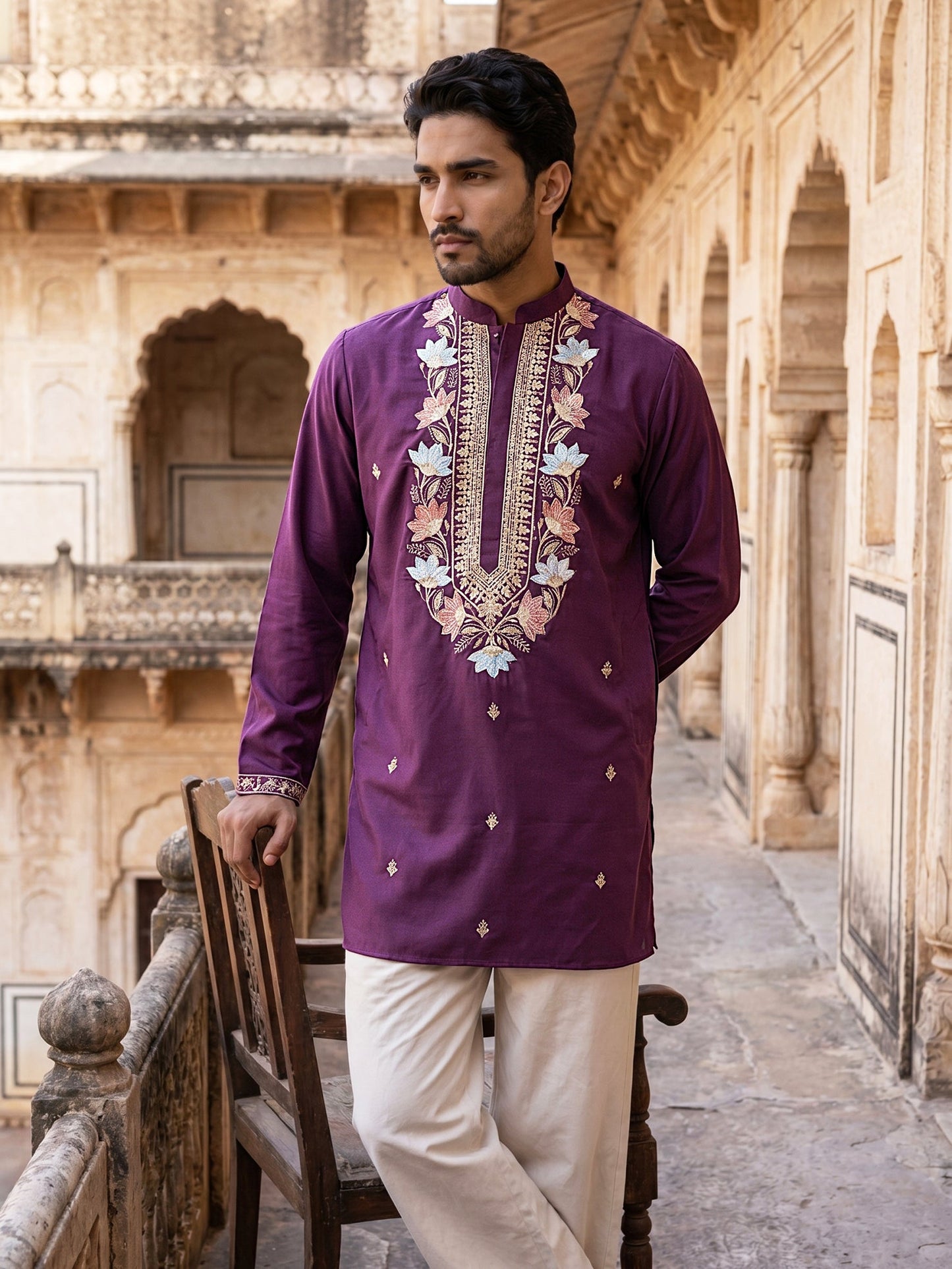 Cotton Blend Floral Embroidered Kurta Set