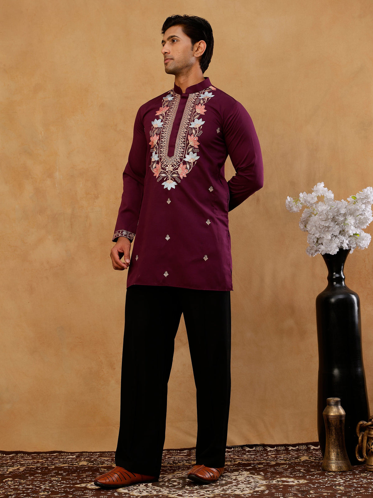 Cotton Blend Floral Embroidered Kurta with korean Pants ( 65KP PJ11B B 5550 Purple )