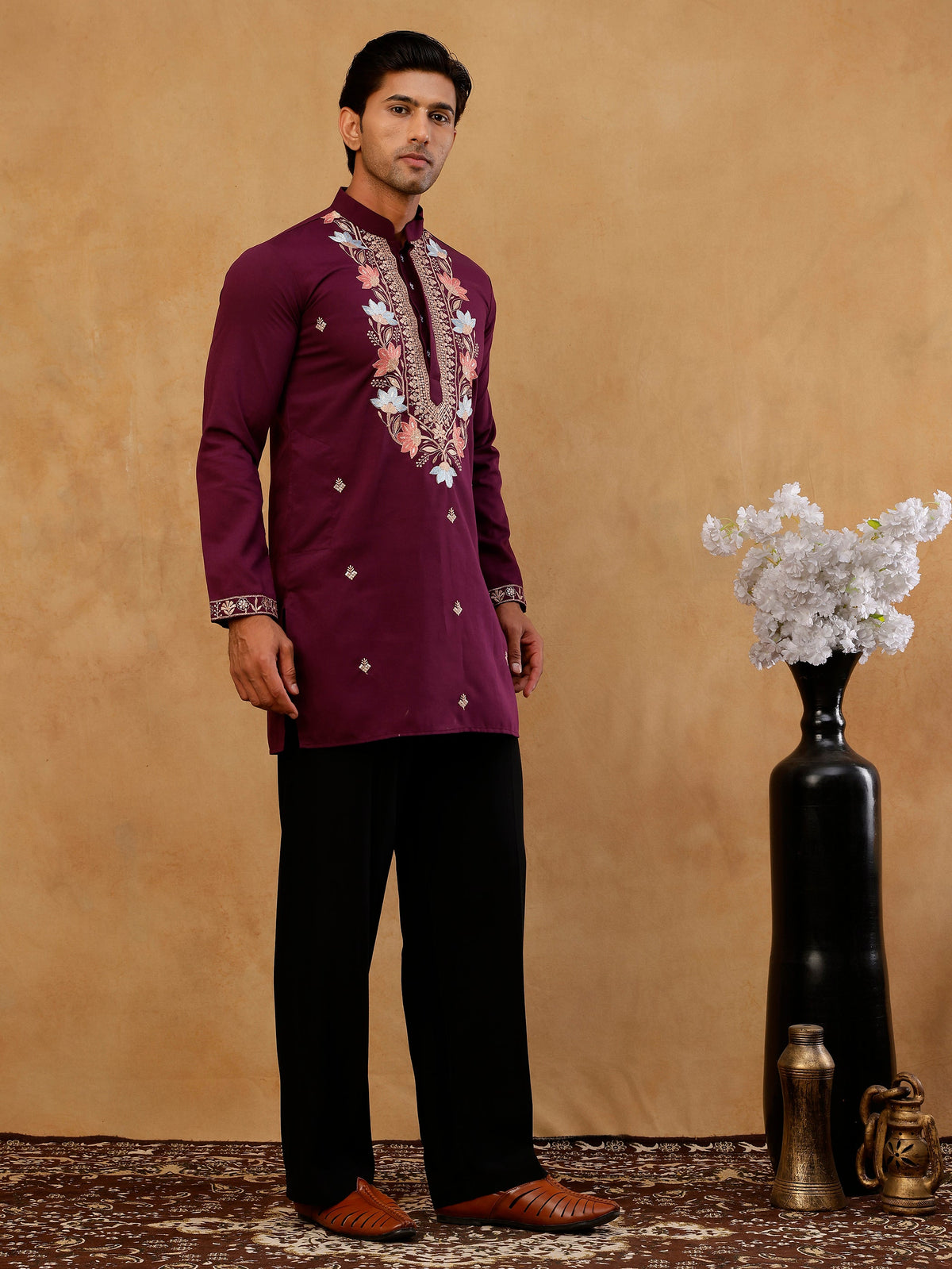 Cotton Blend Floral Embroidered Kurta with korean Pants ( 65KP PJ11B B 5550 Purple )
