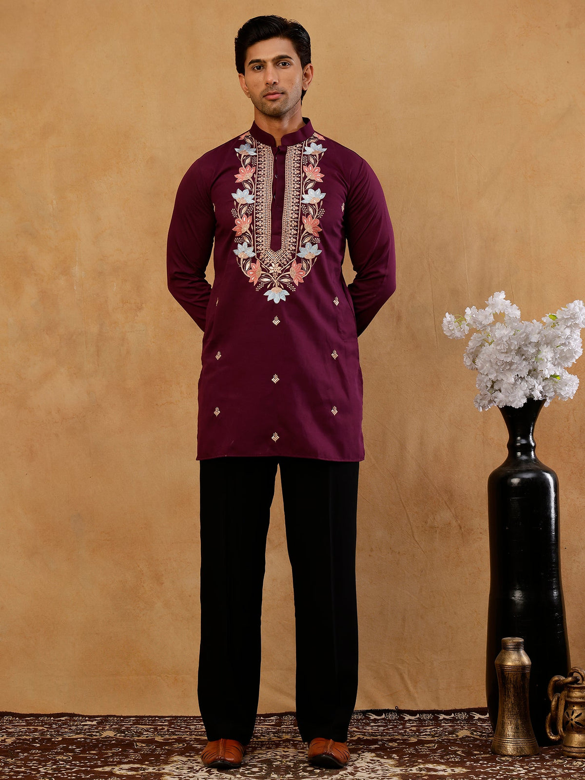 Cotton Blend Floral Embroidered Kurta with korean Pants ( 65KP PJ11B B 5550 Purple )