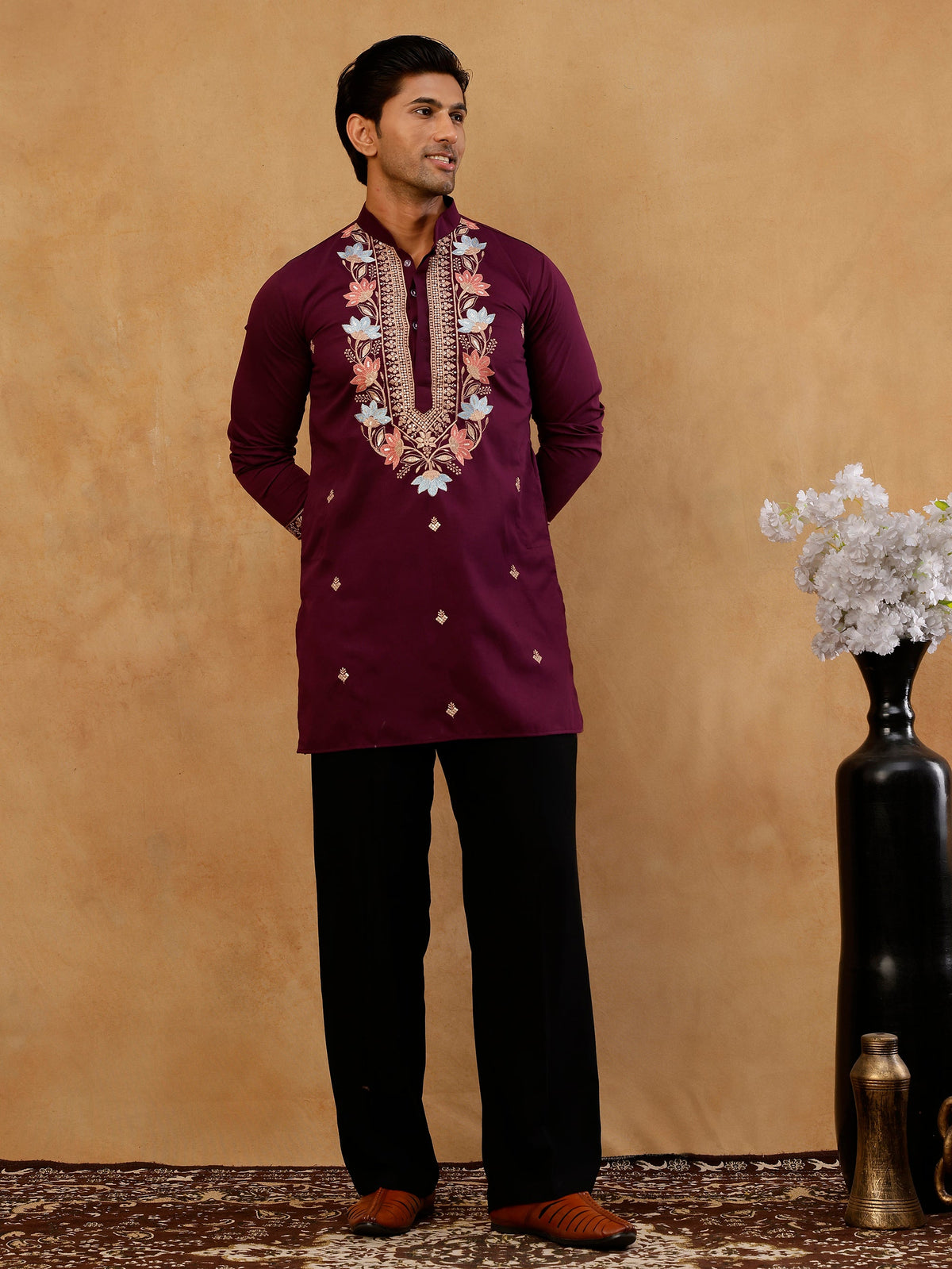 Cotton Blend Floral Embroidered Kurta with korean Pants ( 65KP PJ11B B 5550 Purple )