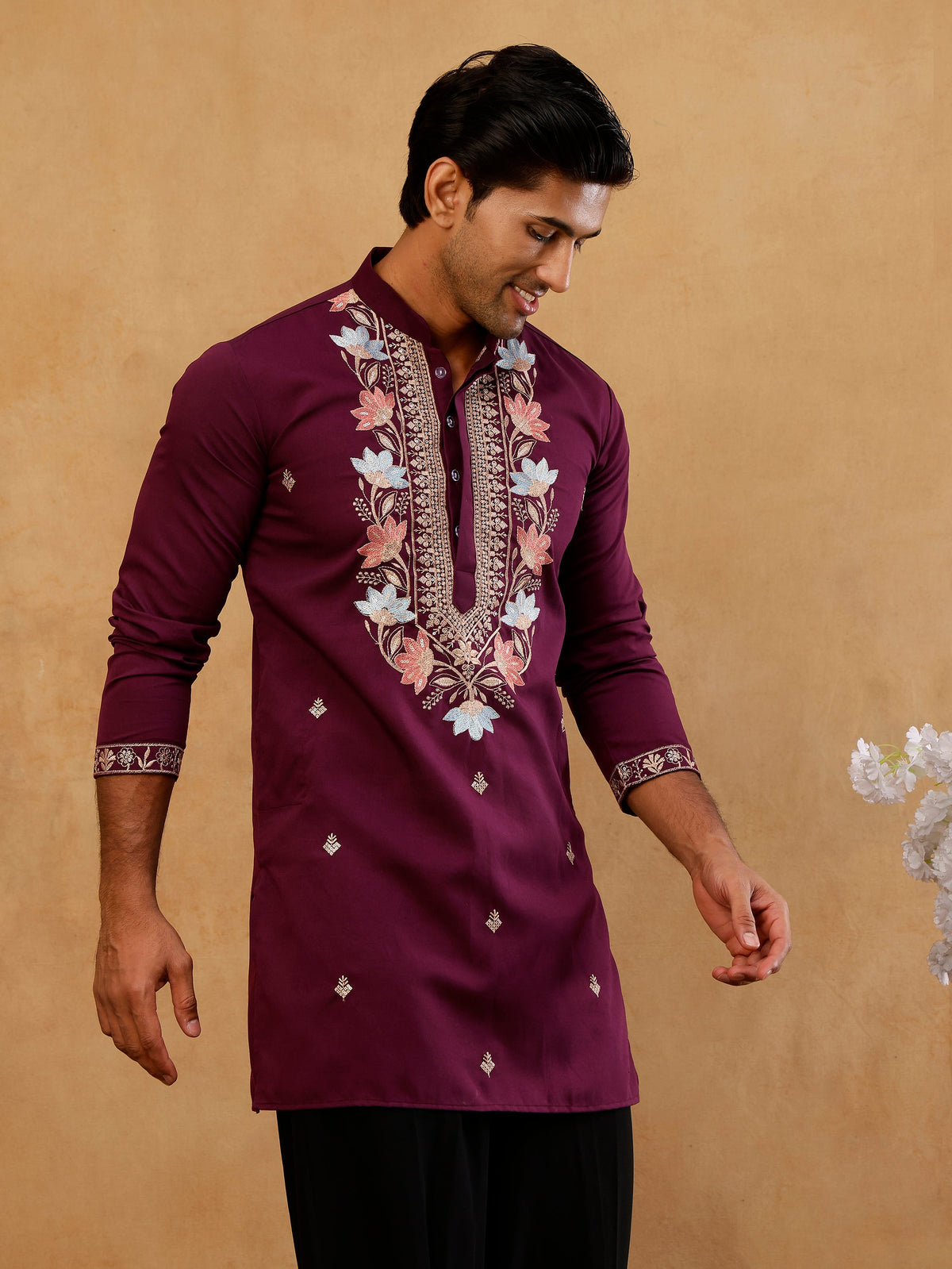 Cotton Blend Floral Embroidered Kurta with korean Pants ( 65KP PJ11B B 5550 Purple )