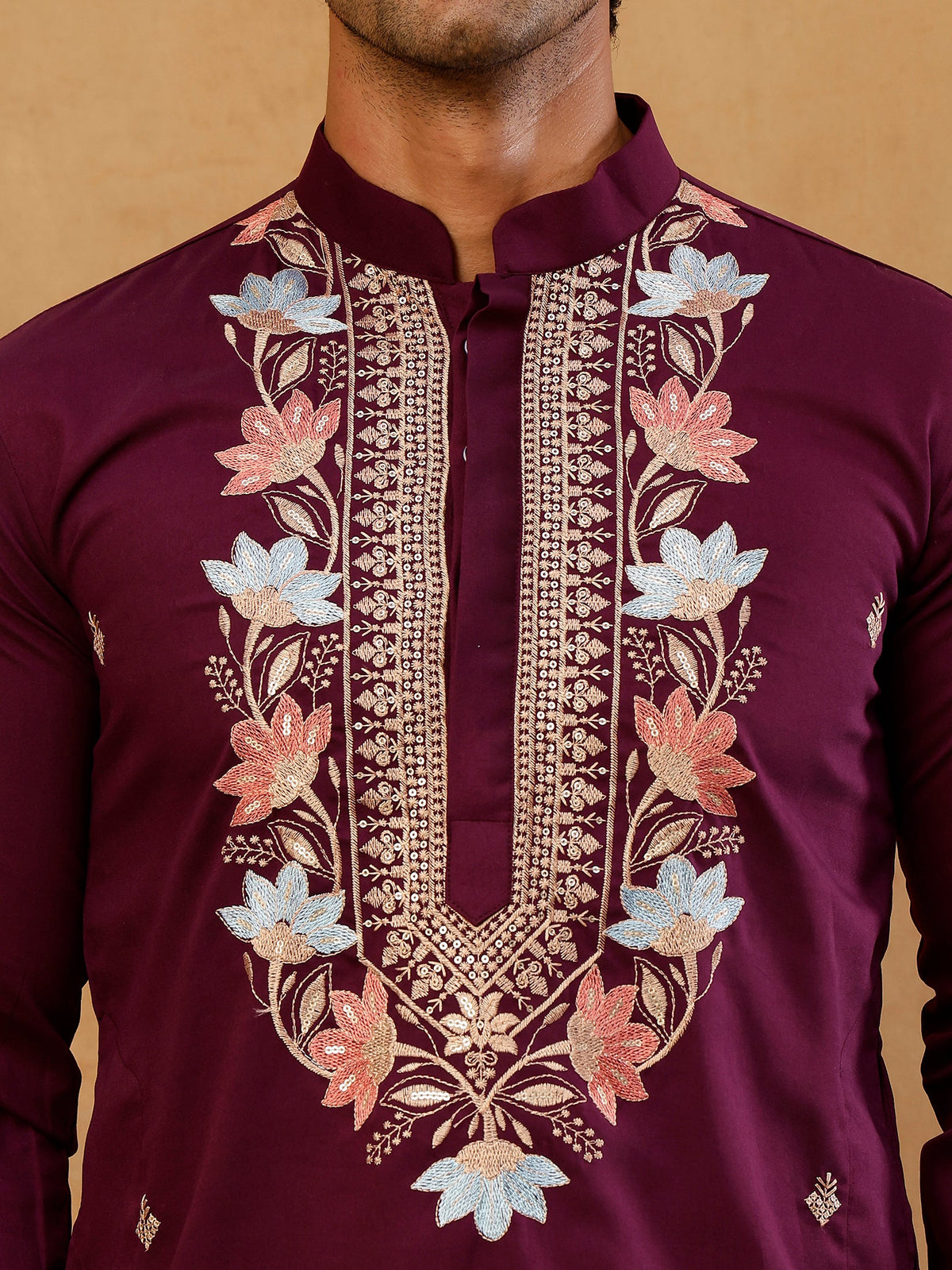 Cotton Blend Floral Embroidered Kurta with korean Pants ( 65KP PJ11B B 5550 Purple )