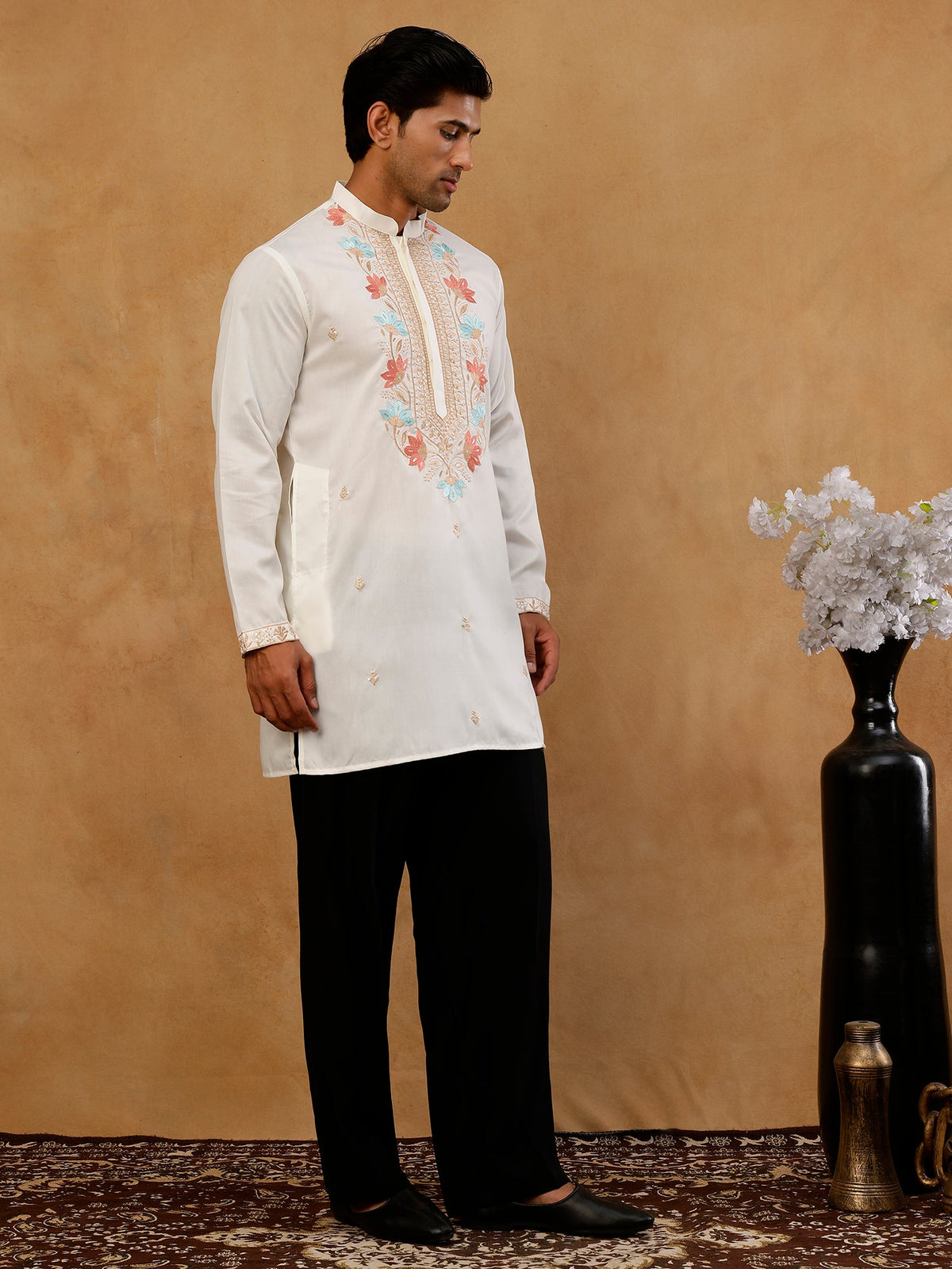 Cotton Blend Floral Embroidered Kurta with korean Pants ( 65KP PJ11B B 5550 White )