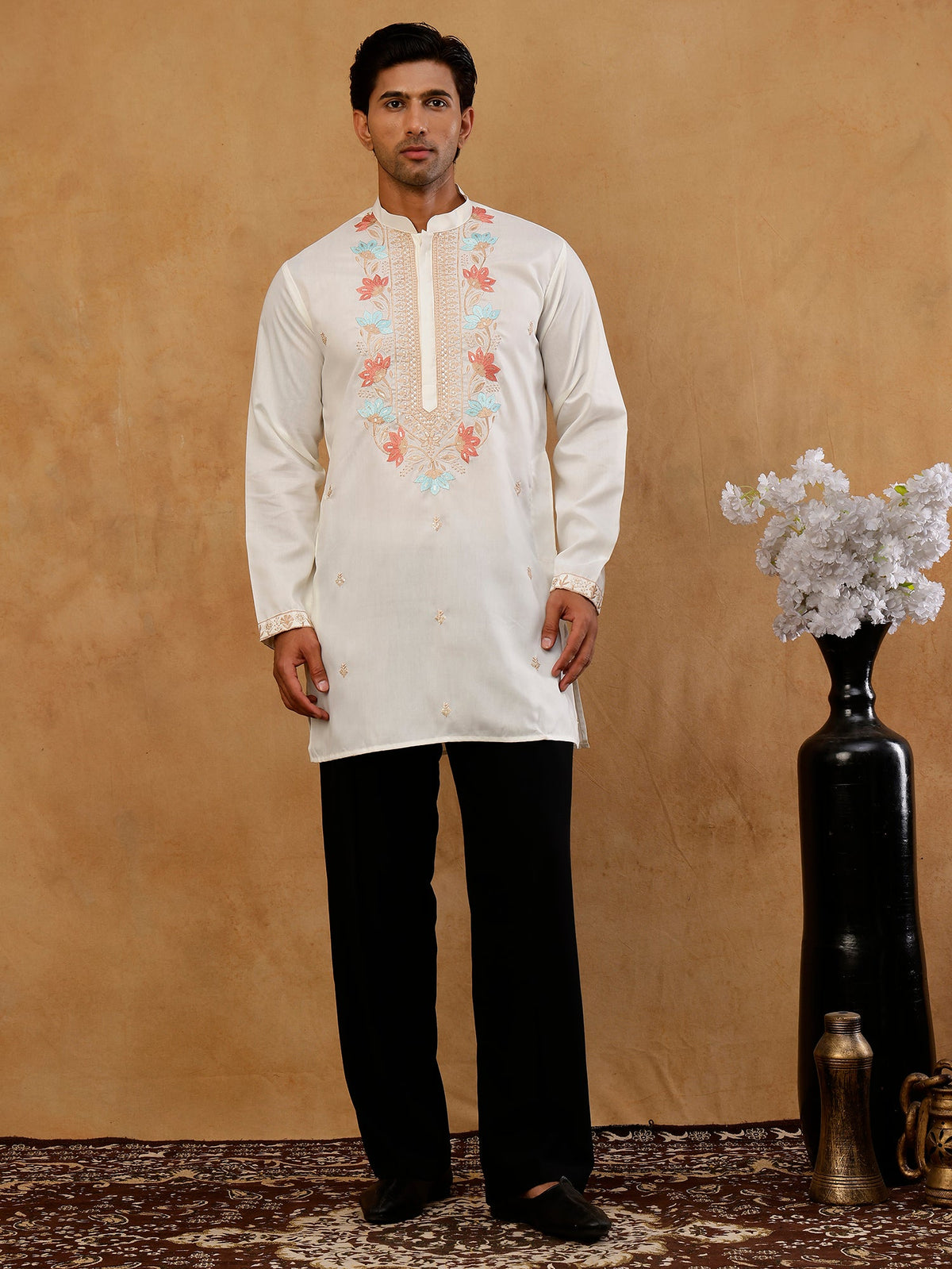 Cotton Blend Floral Embroidered Kurta with korean Pants ( 65KP PJ11B B 5550 White )