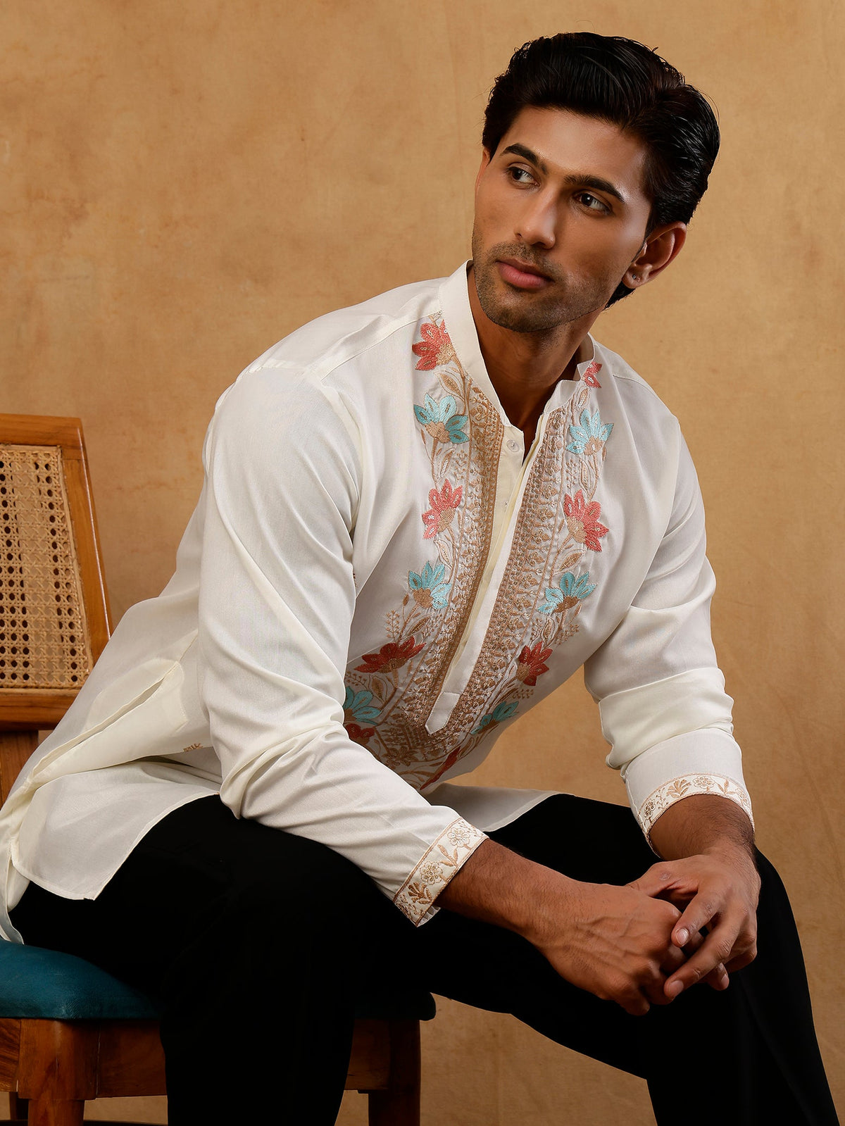 Cotton Blend Floral Embroidered Kurta with korean Pants ( 65KP PJ11B B 5550 White )