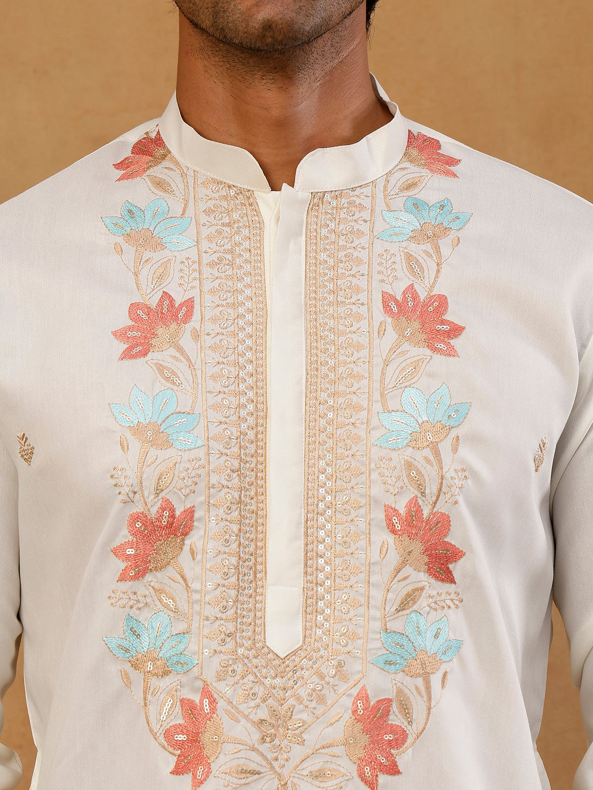 Cotton Blend Floral Embroidered Kurta with korean Pants ( 65KP PJ11B B 5550 White )