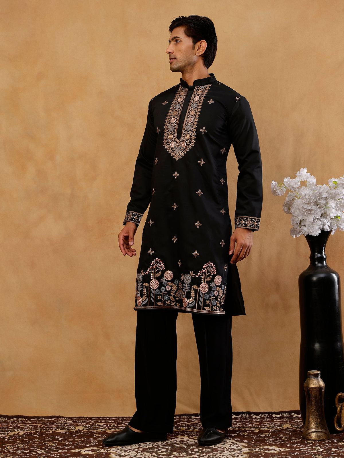 Cotton Blend Floral Embroidered Kurta with korean Pants ( 65KP PJ11B B 5552 Black )