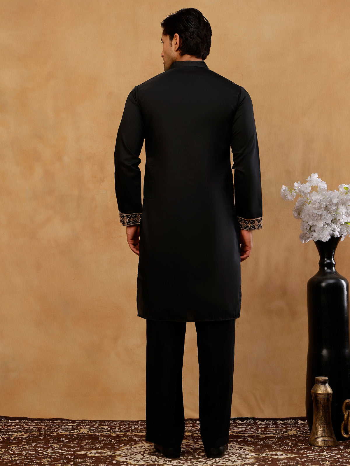 Cotton Blend Floral Embroidered Kurta with korean Pants ( 65KP PJ11B B 5552 Black )