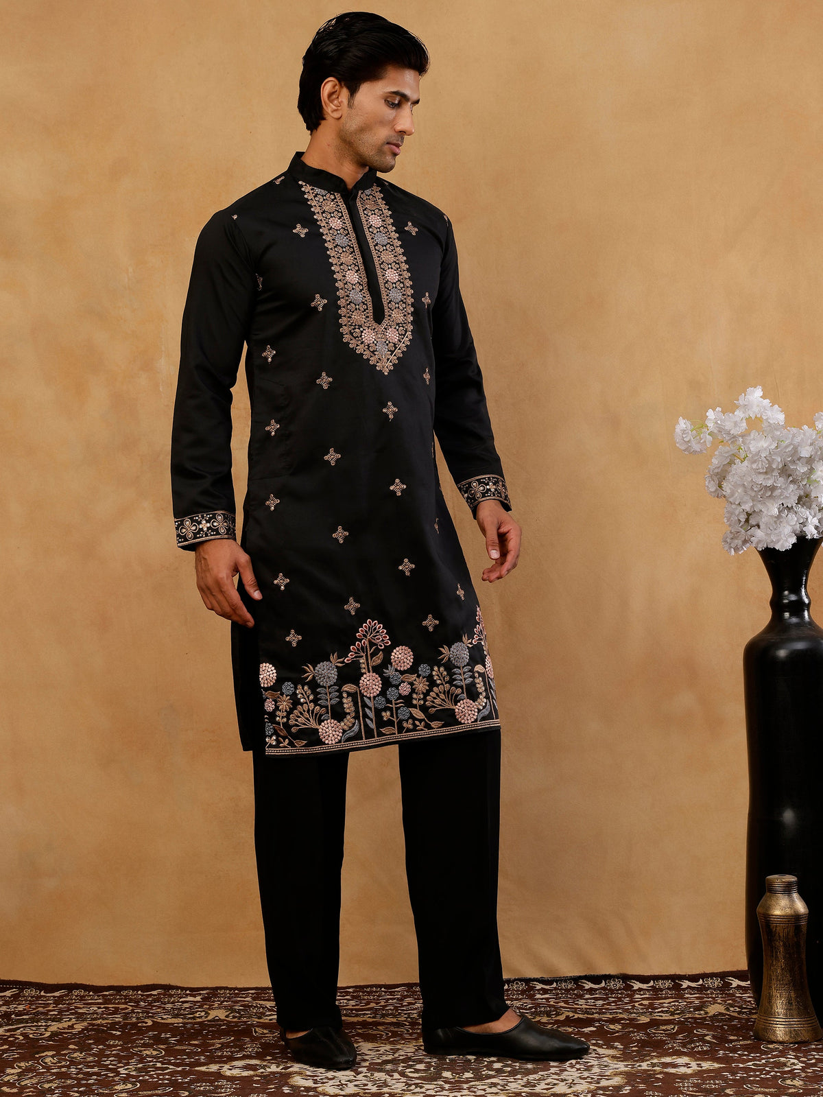 Cotton Blend Floral Embroidered Kurta with korean Pants ( 65KP PJ11B B 5552 Black )