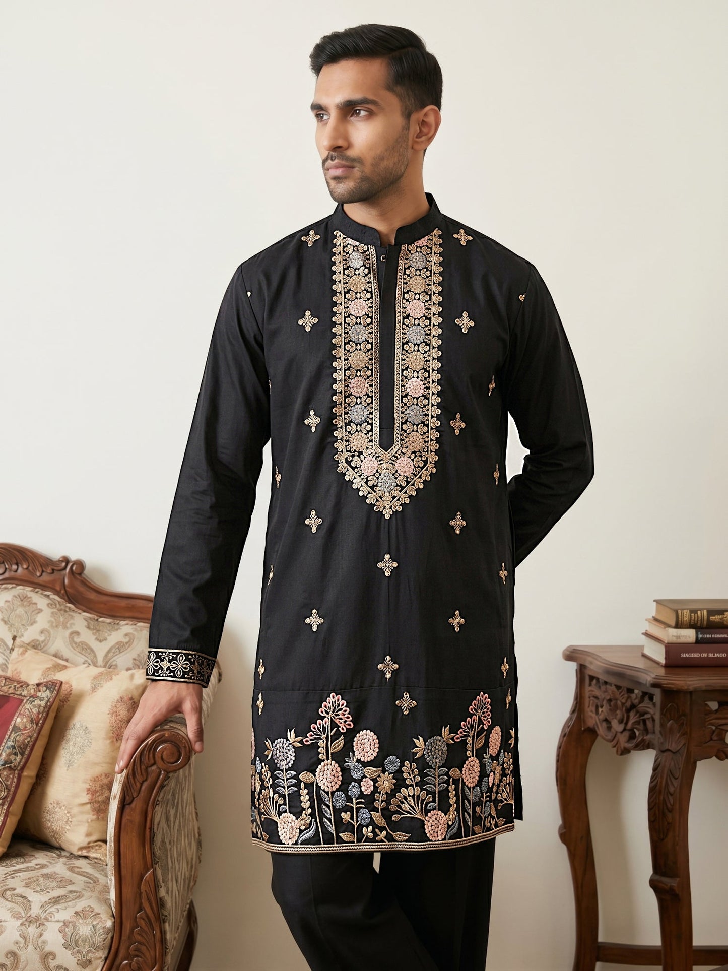 Cotton Blend Floral Embroidered Kurta Set