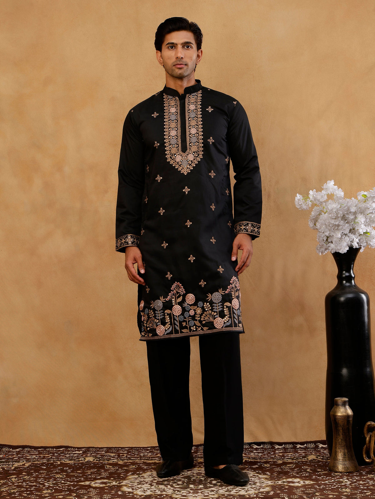 Cotton Blend Floral Embroidered Kurta with korean Pants ( 65KP PJ11B B 5552 Black )