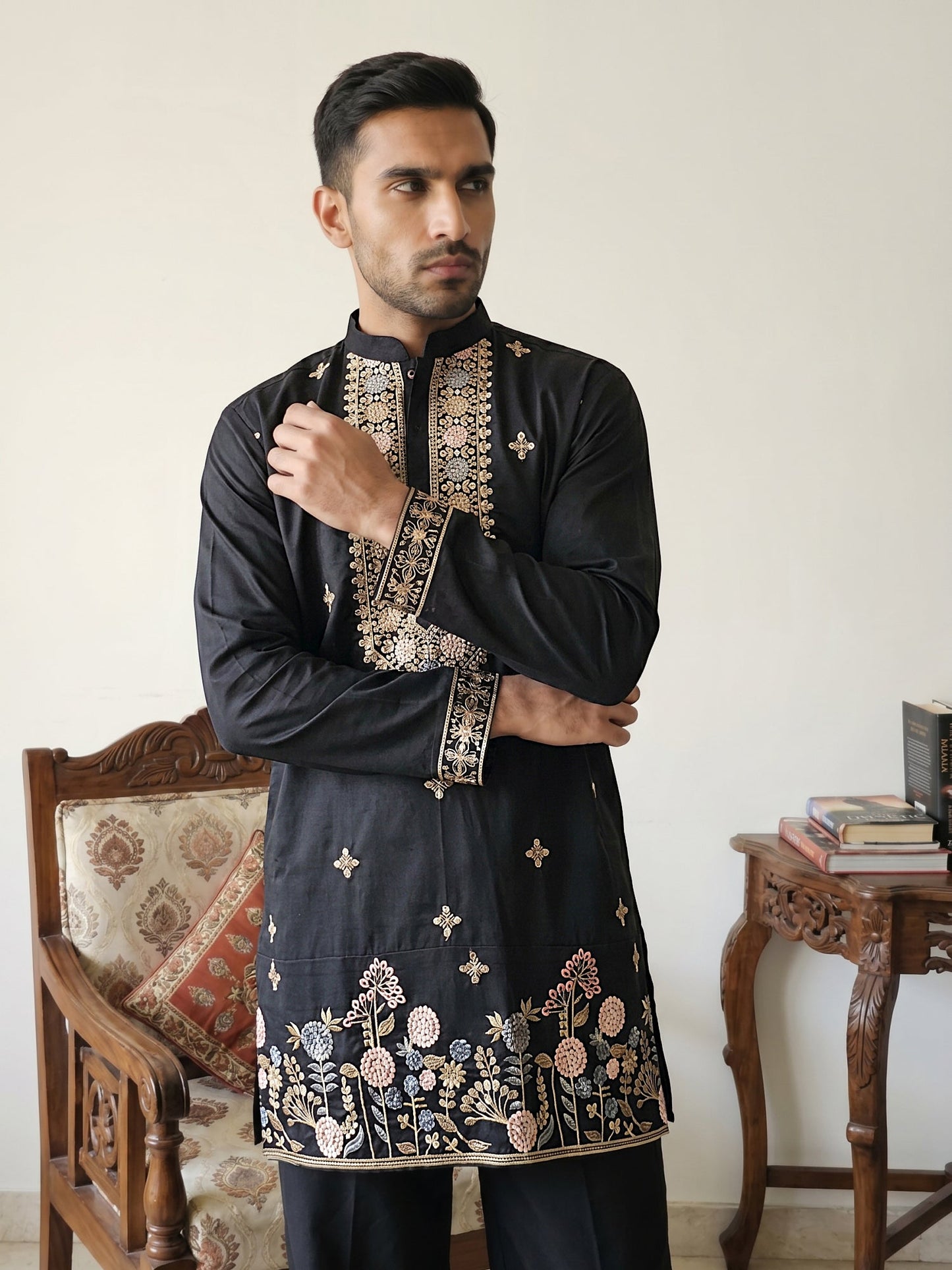 Cotton Blend Floral Embroidered Kurta Set