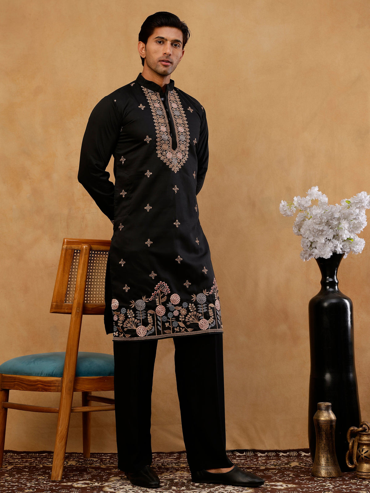 Cotton Blend Floral Embroidered Kurta with korean Pants ( 65KP PJ11B B 5552 Black )
