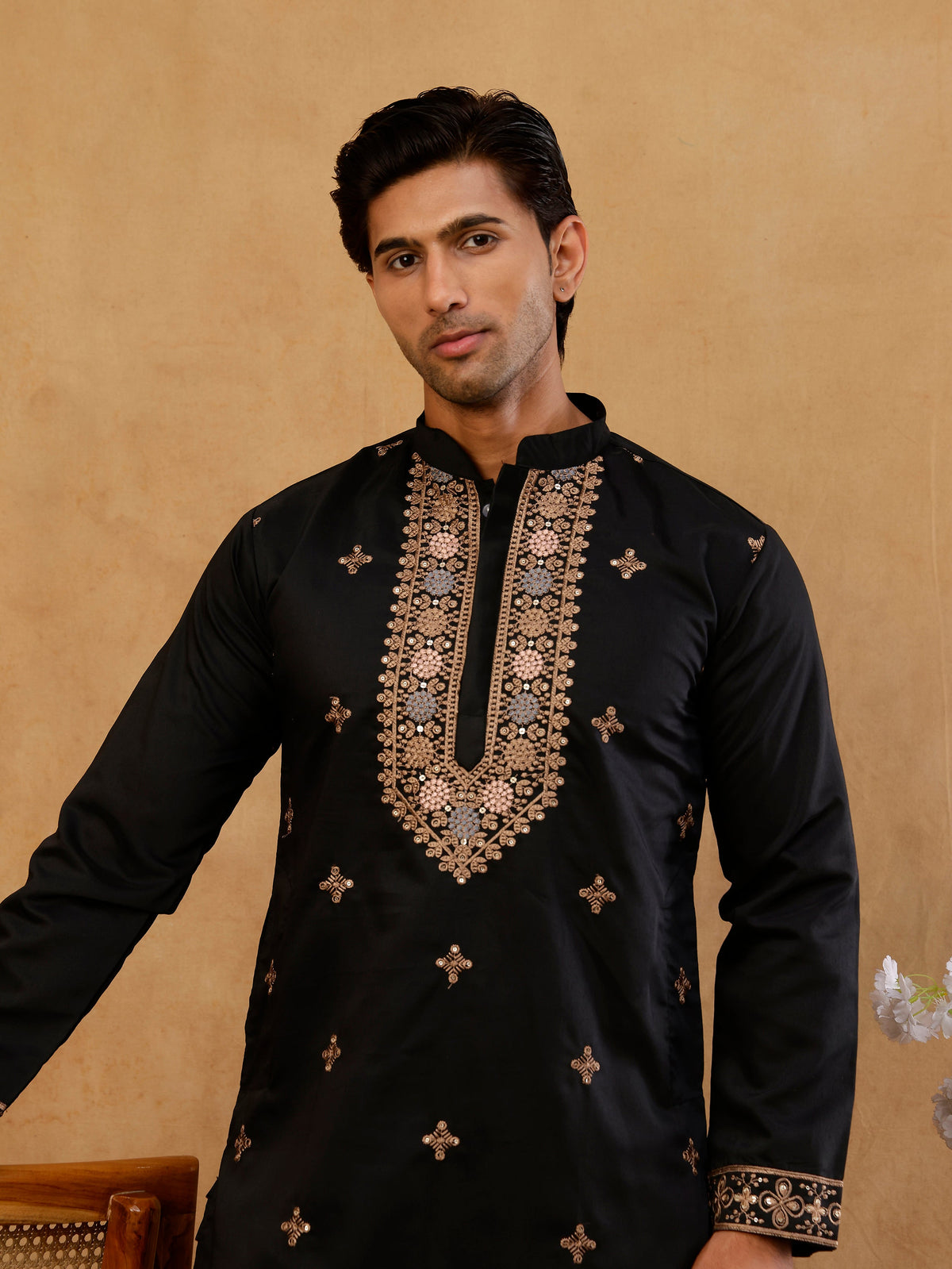 Cotton Blend Floral Embroidered Kurta with korean Pants ( 65KP PJ11B B 5552 Black )