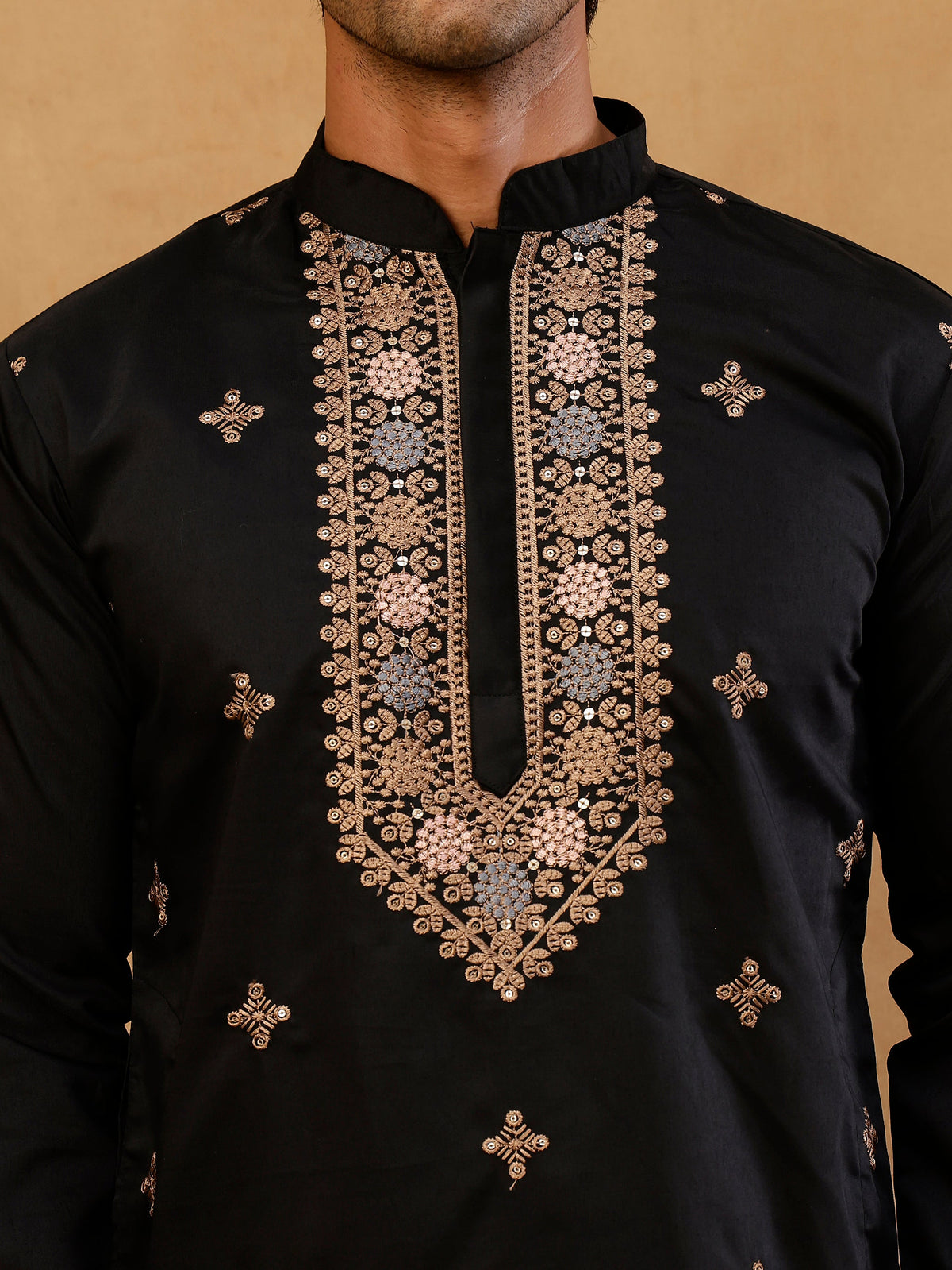 Cotton Blend Floral Embroidered Kurta with korean Pants ( 65KP PJ11B B 5552 Black )