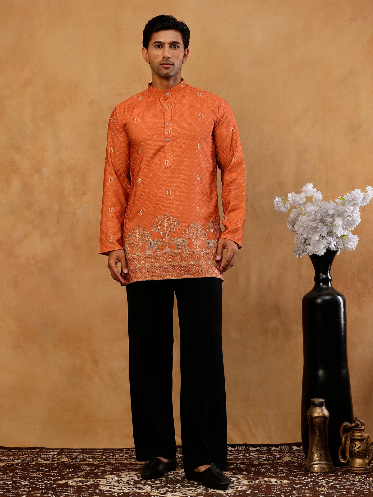 Premium Printed & Thread Work Kurta with Korean Pants ( 65KP PJ11B P 5553 Orange )