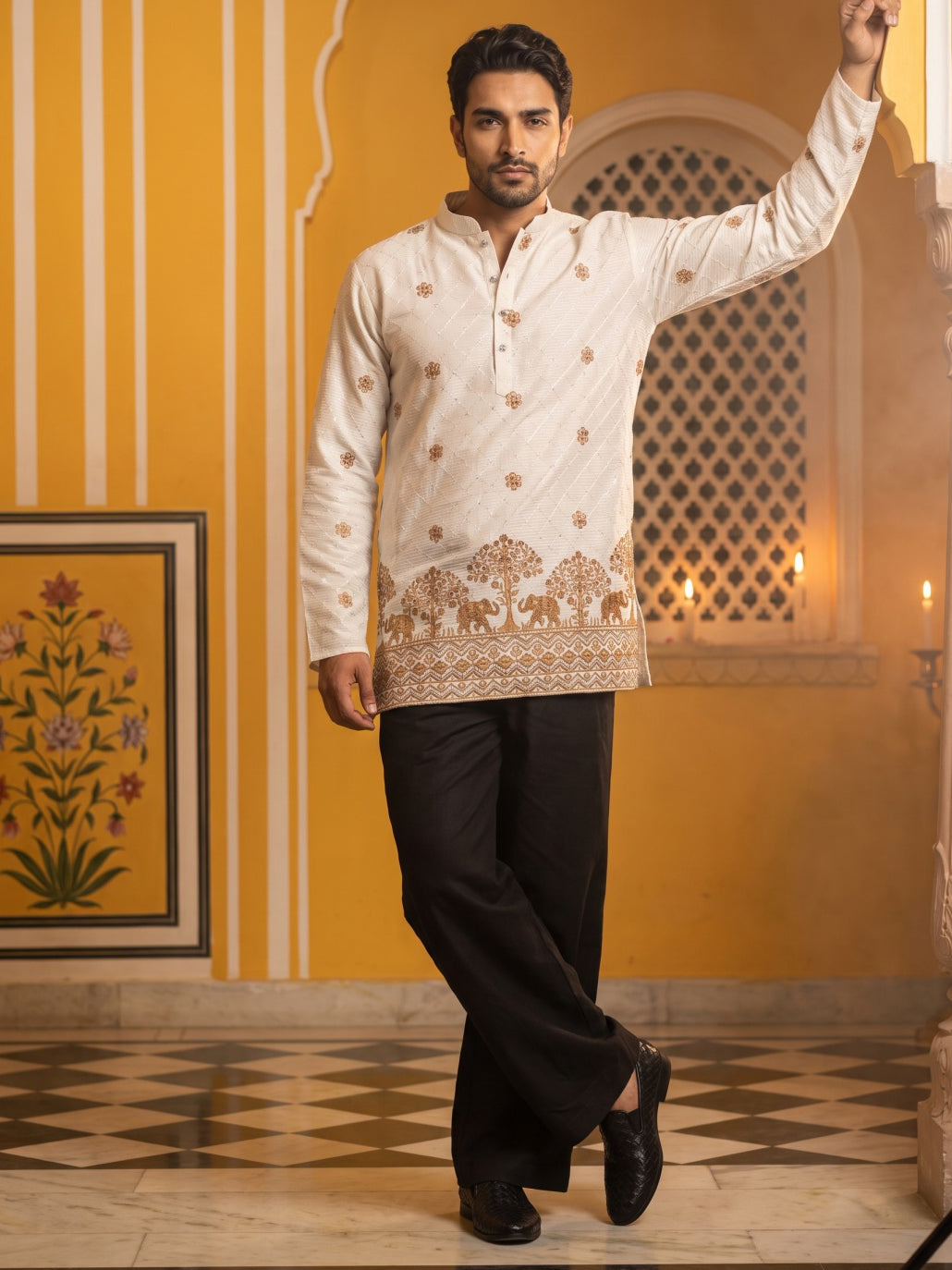 Premium Printed & Thread Work Kurta with Korean Pants ( 65KP PJ11B 5553White ) [FF] [D-3]