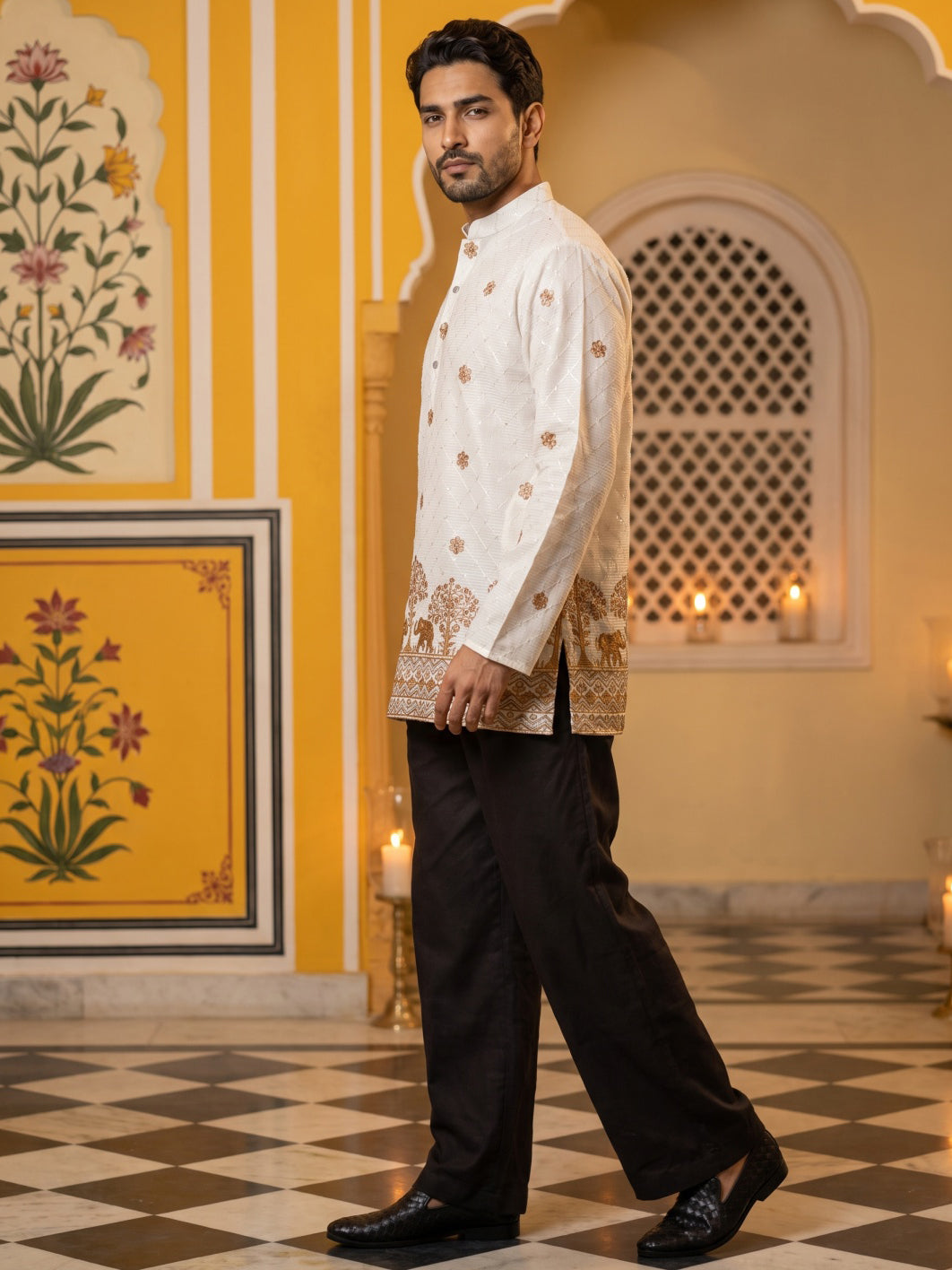 Premium Printed & Thread Work Kurta with Korean Pants ( 65KP PJ11B 5553White ) [FF] [D-3]