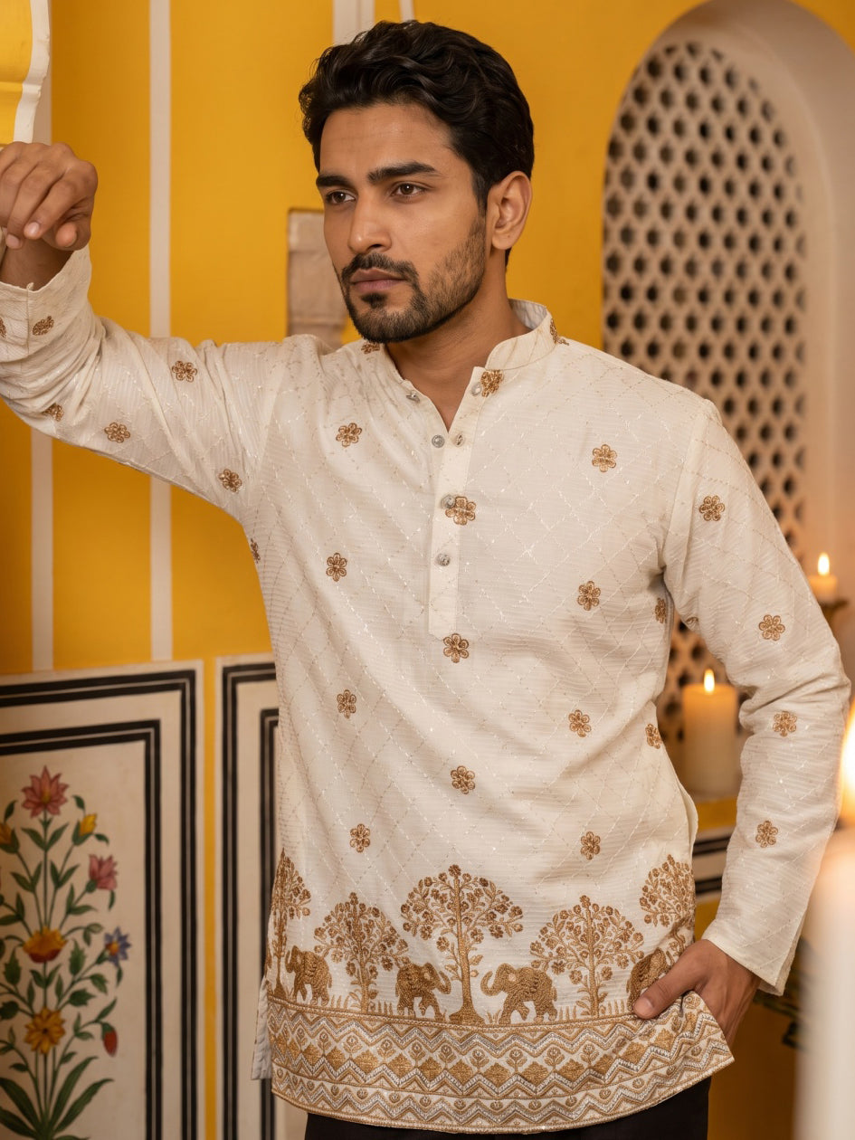 Premium Printed & Thread Work Kurta with Korean Pants ( 65KP PJ11B 5553White ) [FF] [D-3]