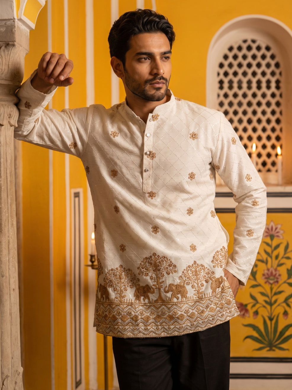 Premium Printed & Thread Work Kurta with Korean Pants ( 65KP PJ11B 5553White ) [FF] [D-3]