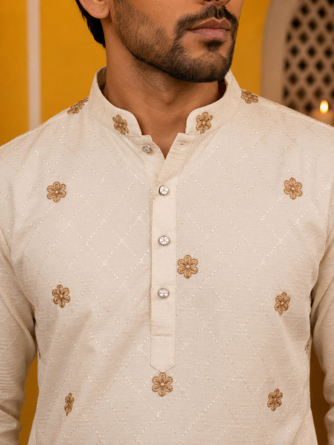 Premium Printed & Thread Work Kurta with Korean Pants ( 65KP PJ11B 5553White ) [FF] [D-3]