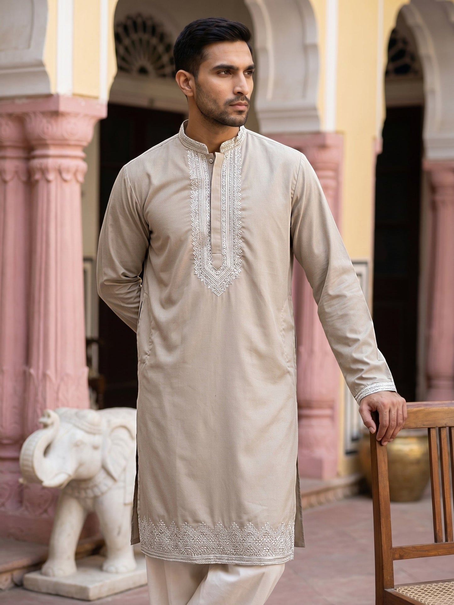 Men's Silk Blend Embroidered Kurta with Korean Pants