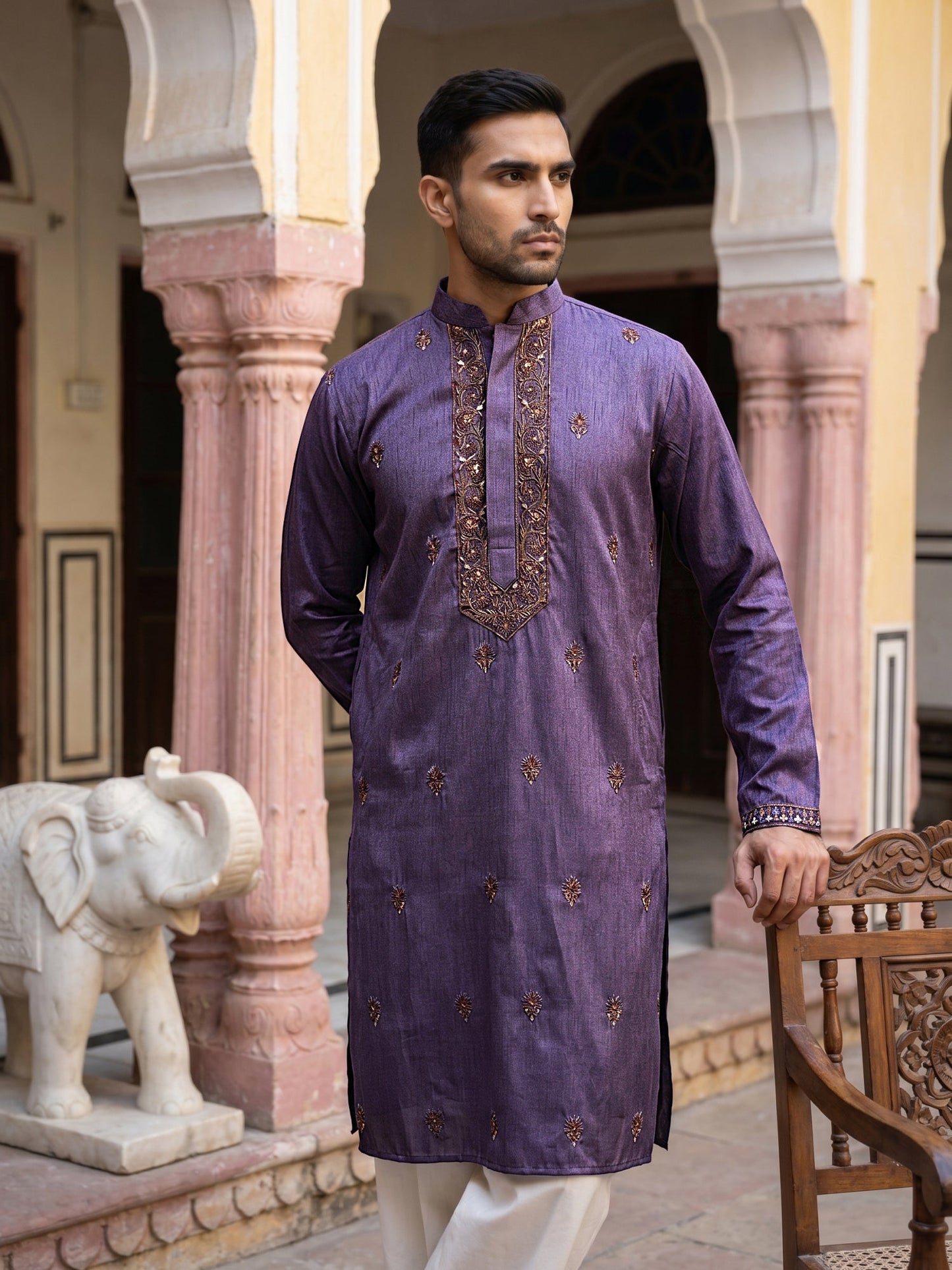 Men's Cotton Blend Embroidered Kurta with Korean Pants