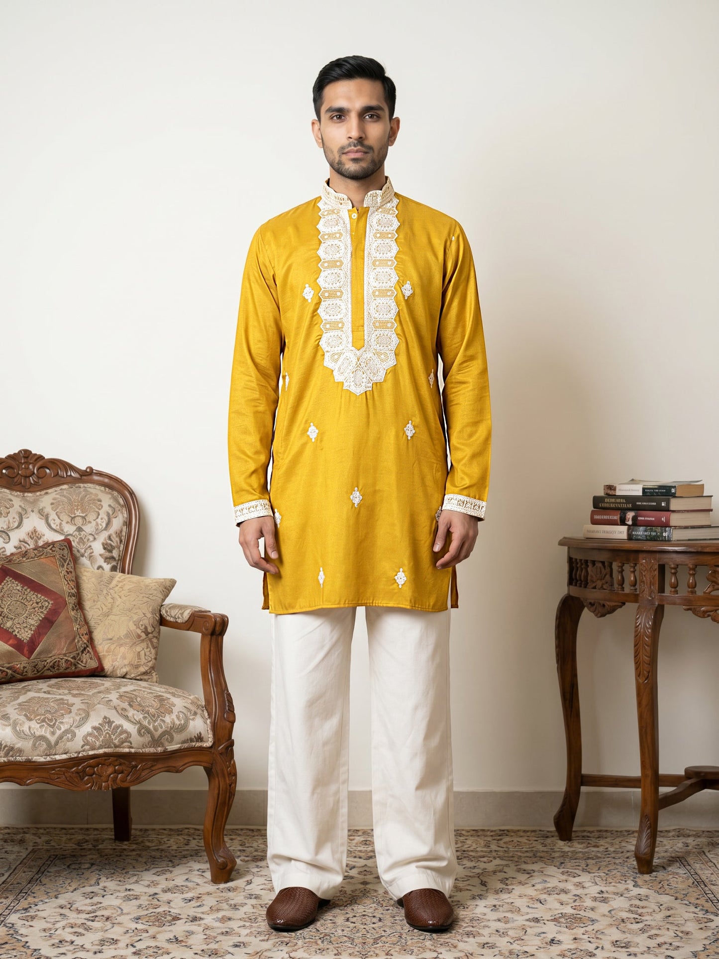 Men's Embroidered Silk Blend Kurta & Korean Pants