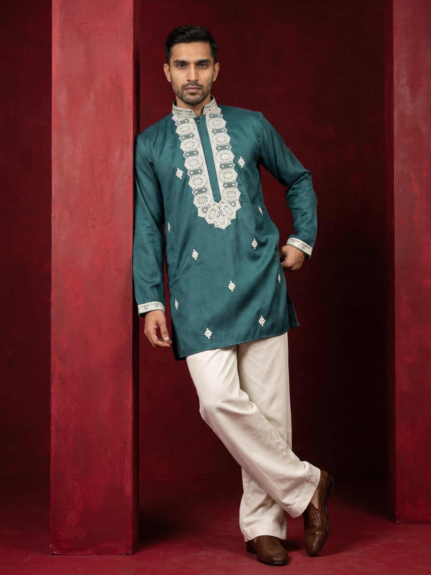 Men's Embroidered Silk Blend Kurta & Korean Pants
