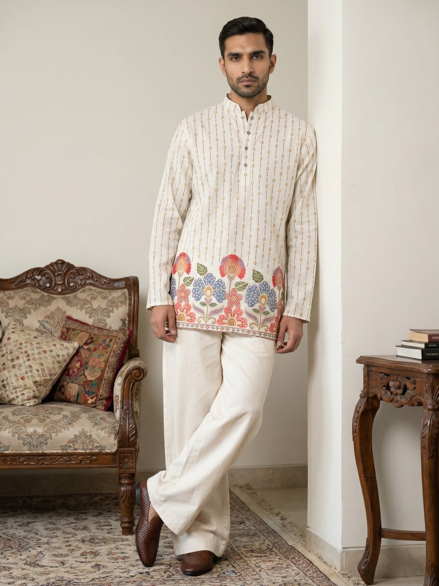 Men's Floral Printed Kurta with Korean Pants