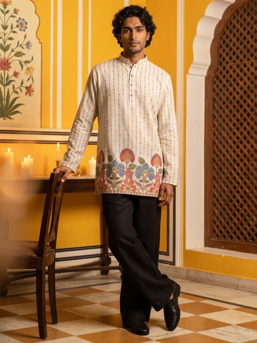 Men's Floral Printed Kurta with Korean Pants ( 65KP PJ11B 5566White ) [FF] [H-6]