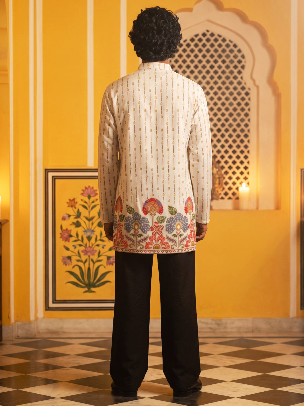 Men's Floral Printed Kurta with Korean Pants ( 65KP PJ11B 5566White ) [FF] [H-6]