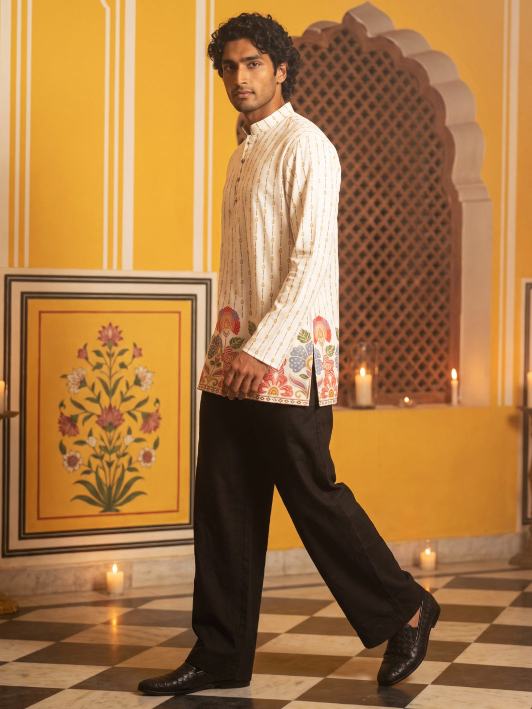 Men's Floral Printed Kurta with Korean Pants ( 65KP PJ11B 5566White ) [FF] [H-6]