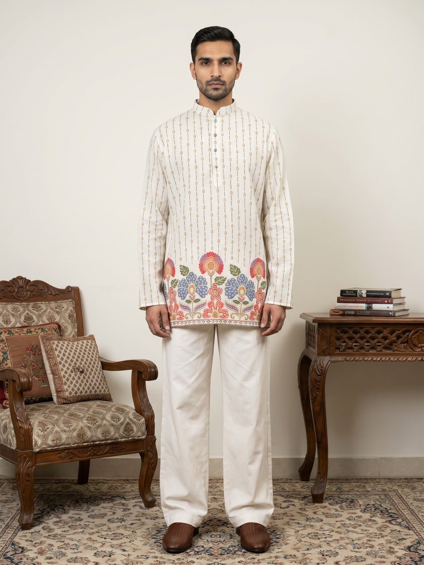 Men's Floral Printed Kurta with Korean Pants