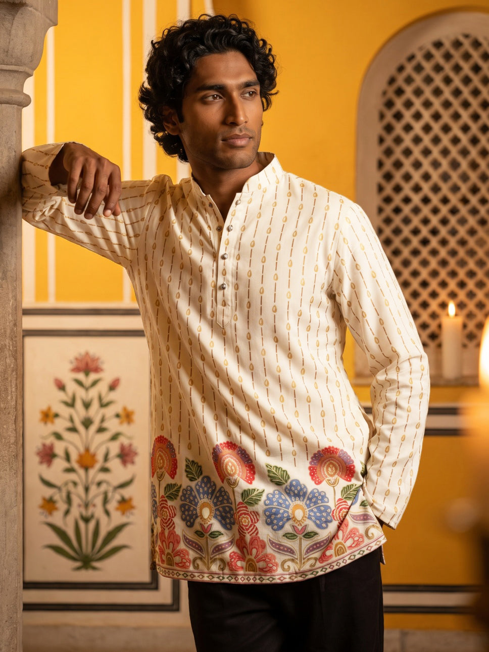 Men's Floral Printed Kurta with Korean Pants ( 65KP PJ11B 5566White ) [FF] [H-6]