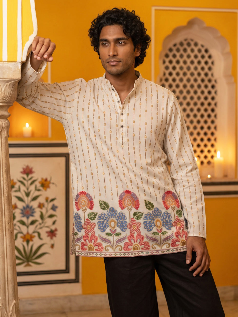 Men's Floral Printed Kurta with Korean Pants ( 65KP PJ11B 5566White ) [FF] [H-6]