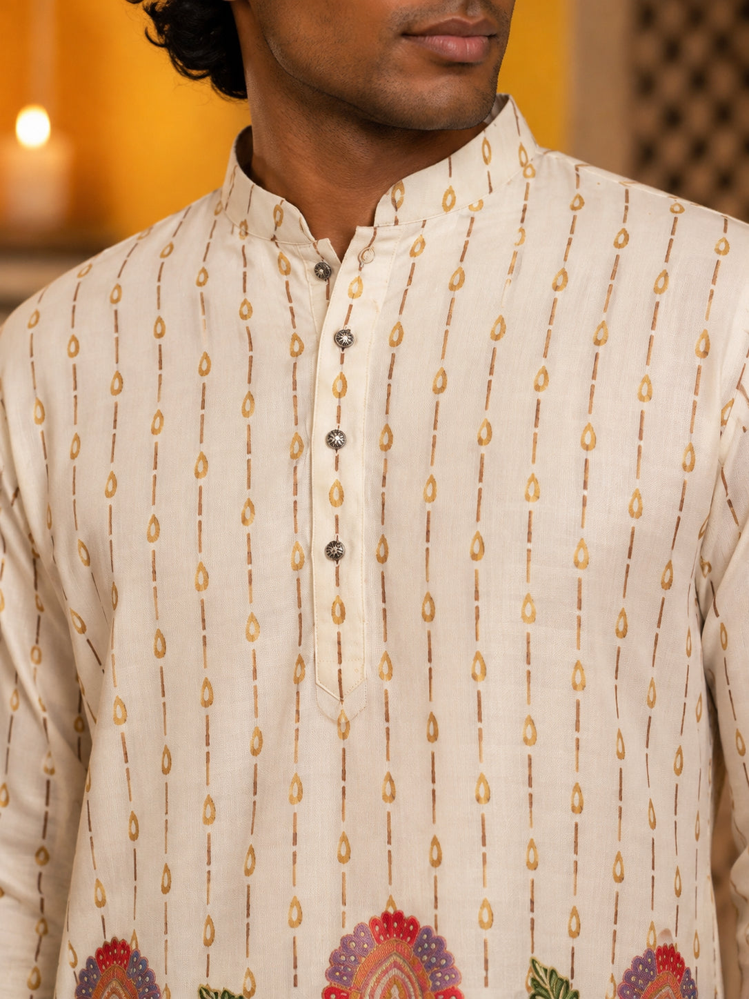 Men's Floral Printed Kurta with Korean Pants ( 65KP PJ11B 5566White ) [FF] [H-6]