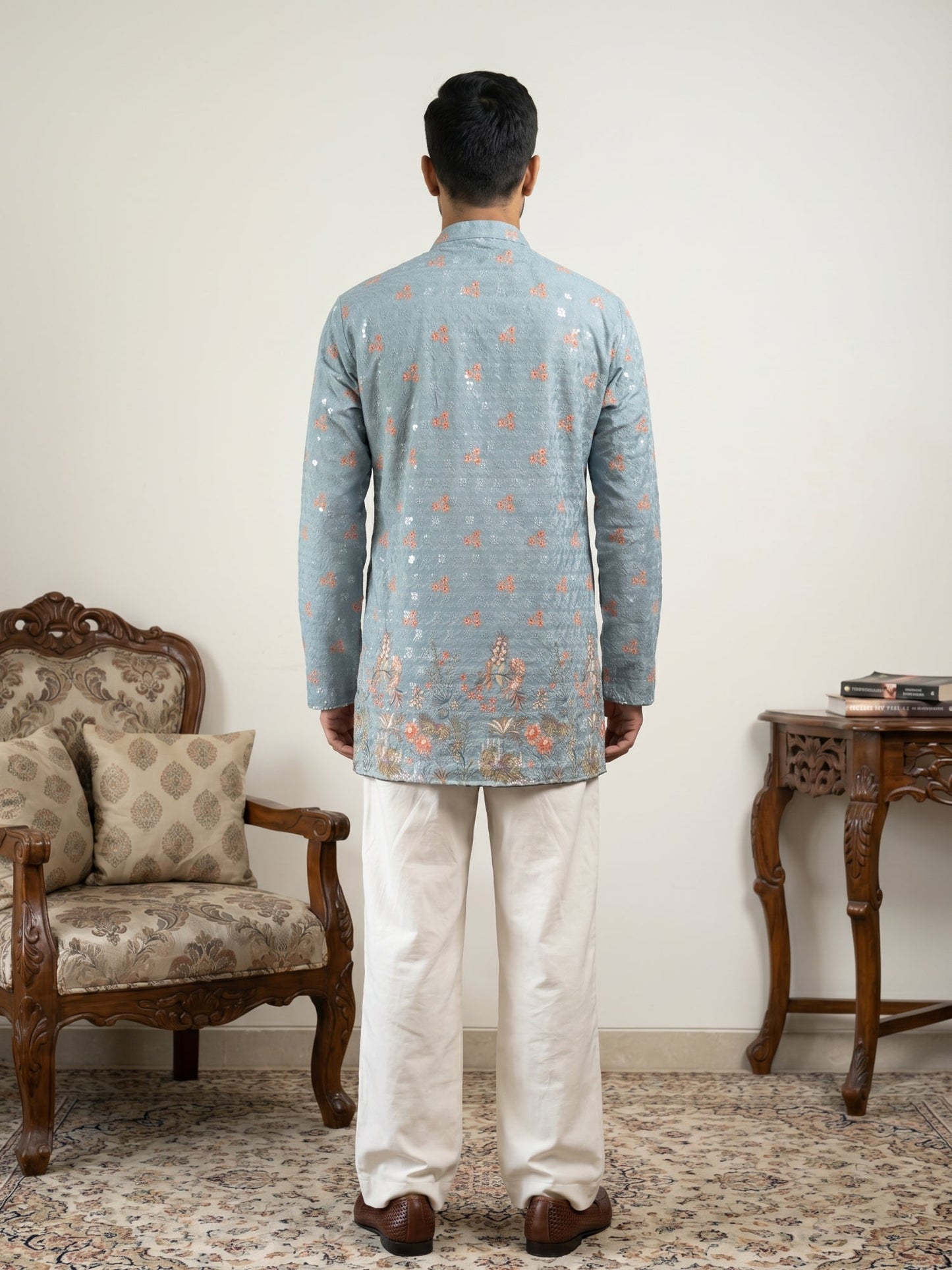 Men's Floral Printed & Thread Work Kurta with Korean Pants