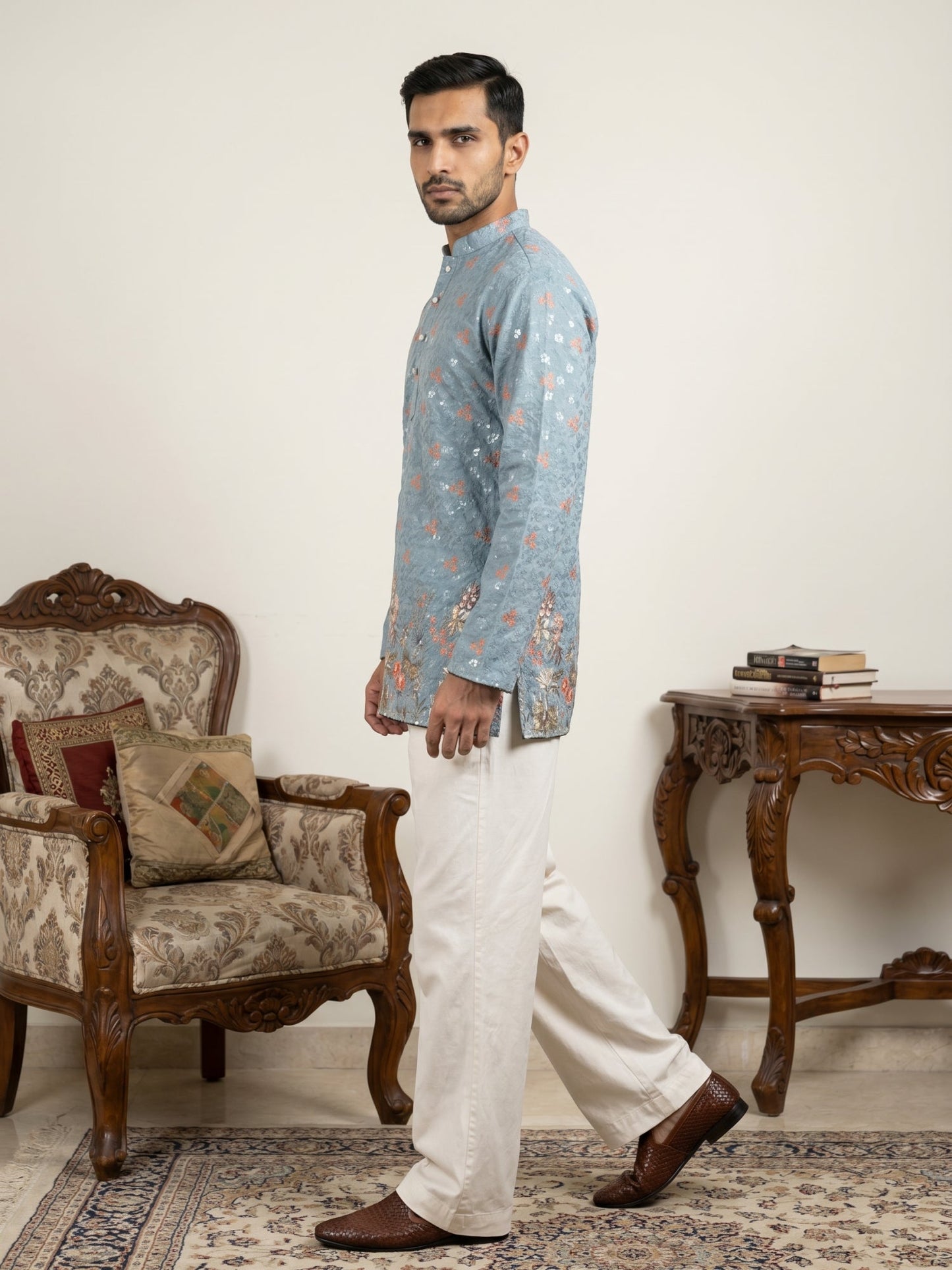 Men's Floral Printed & Thread Work Kurta with Korean Pants