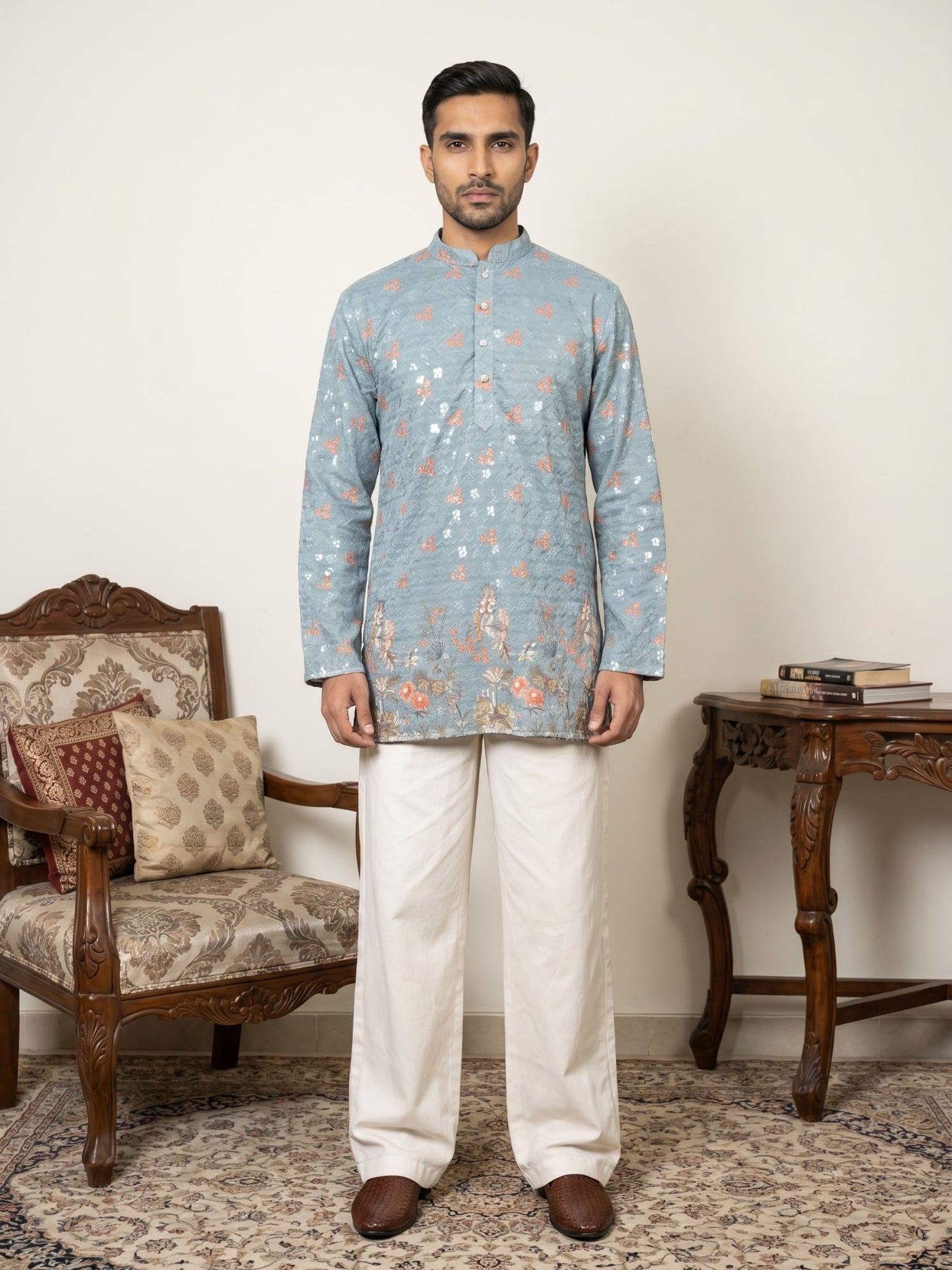 Men's Floral Printed & Thread Work Kurta with Korean Pants