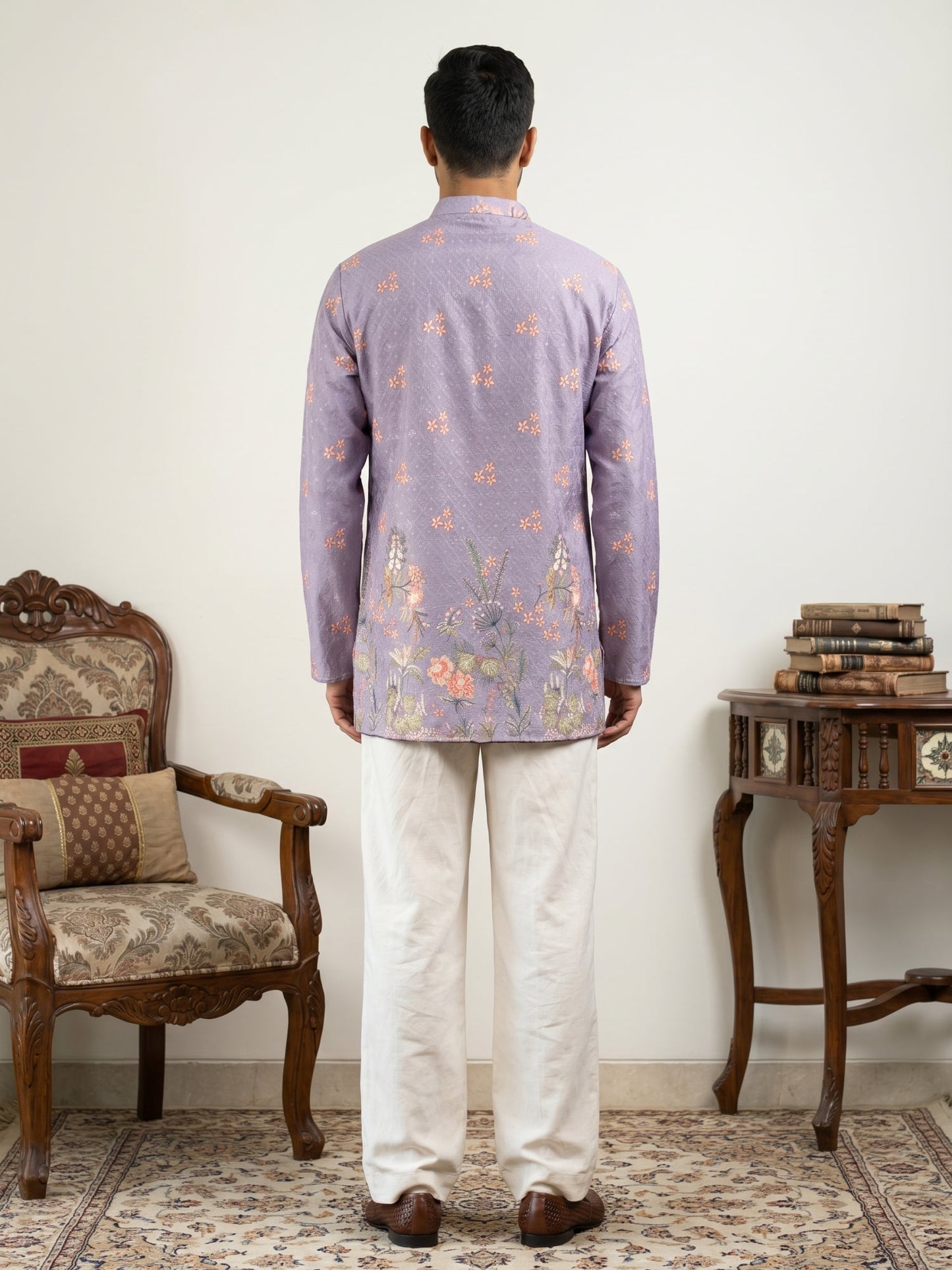 Men's Floral Printed & Thread Work Kurta with Korean Pants