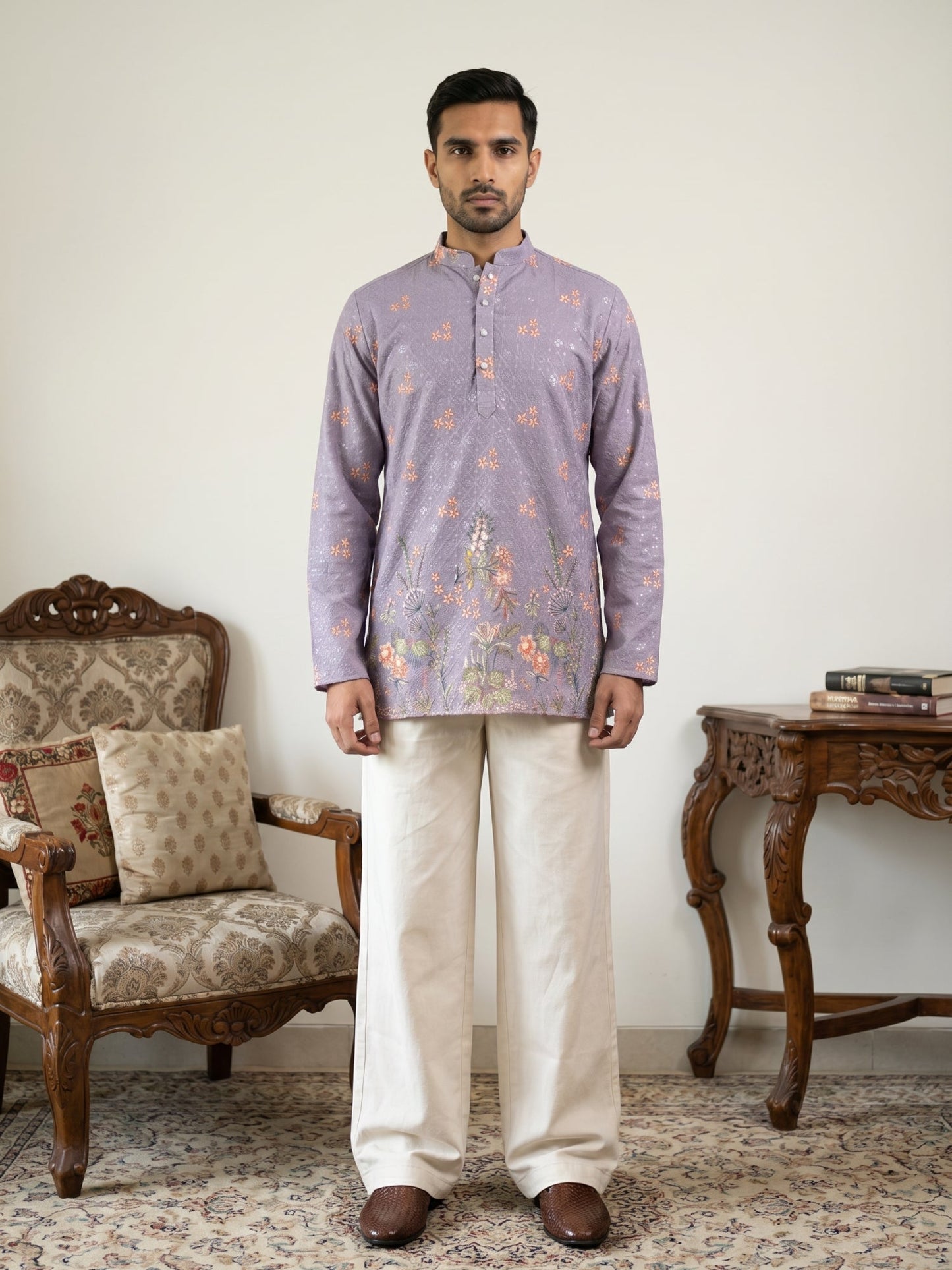 Men's Floral Printed & Thread Work Kurta with Korean Pants