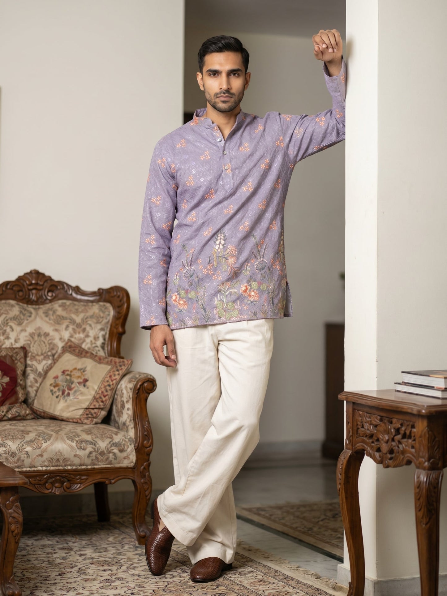 Men's Floral Printed & Thread Work Kurta with Korean Pants