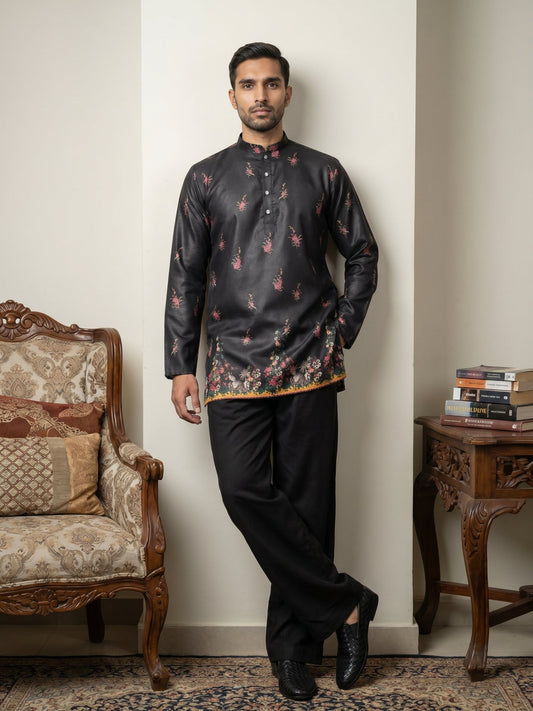 Men's Floral Printed Kurta with Korean Pants