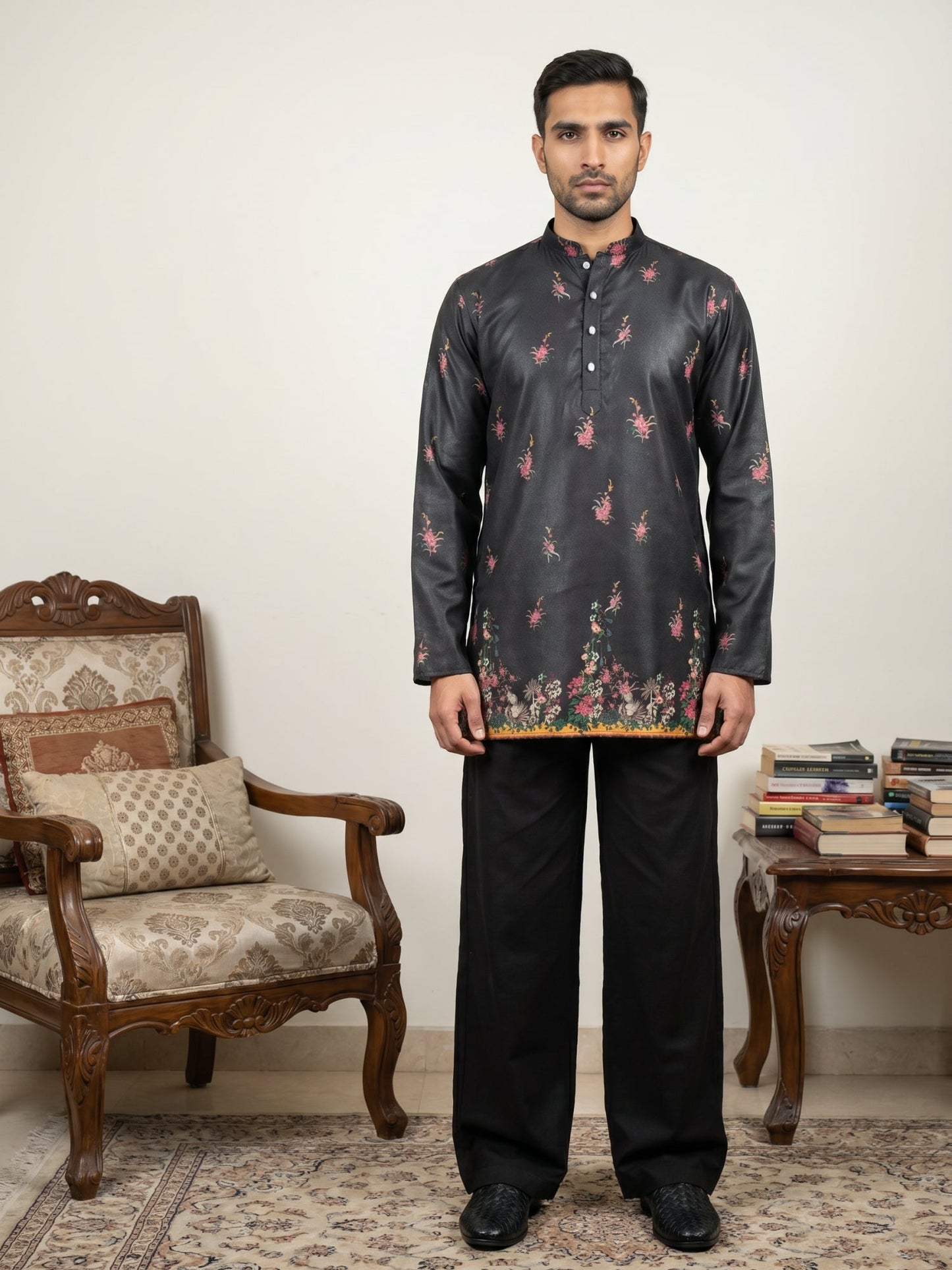 Men's Floral Printed Kurta with Korean Pants