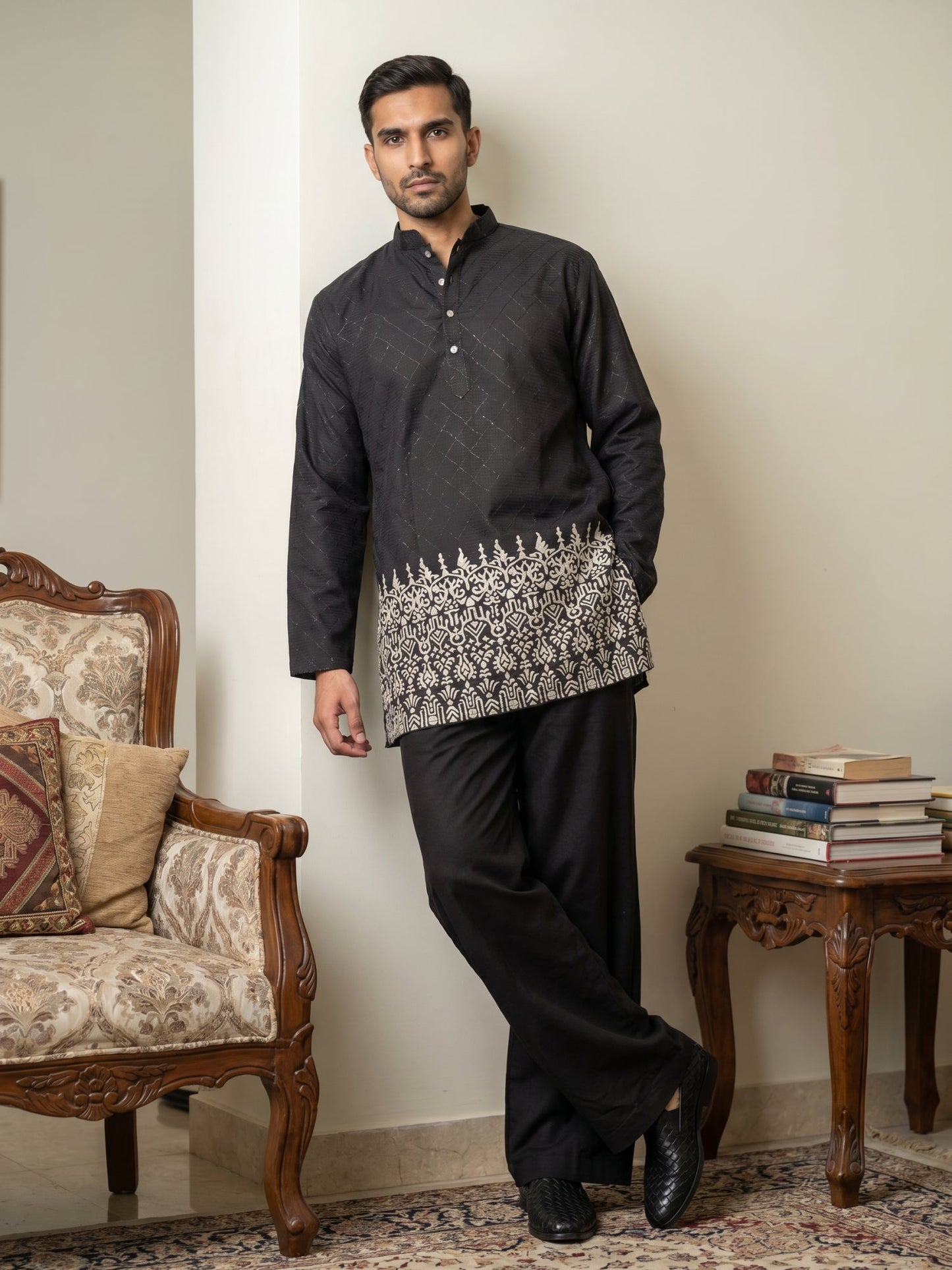 Men's Ethnic Printed & Thread Work Kurta with Korean Pants