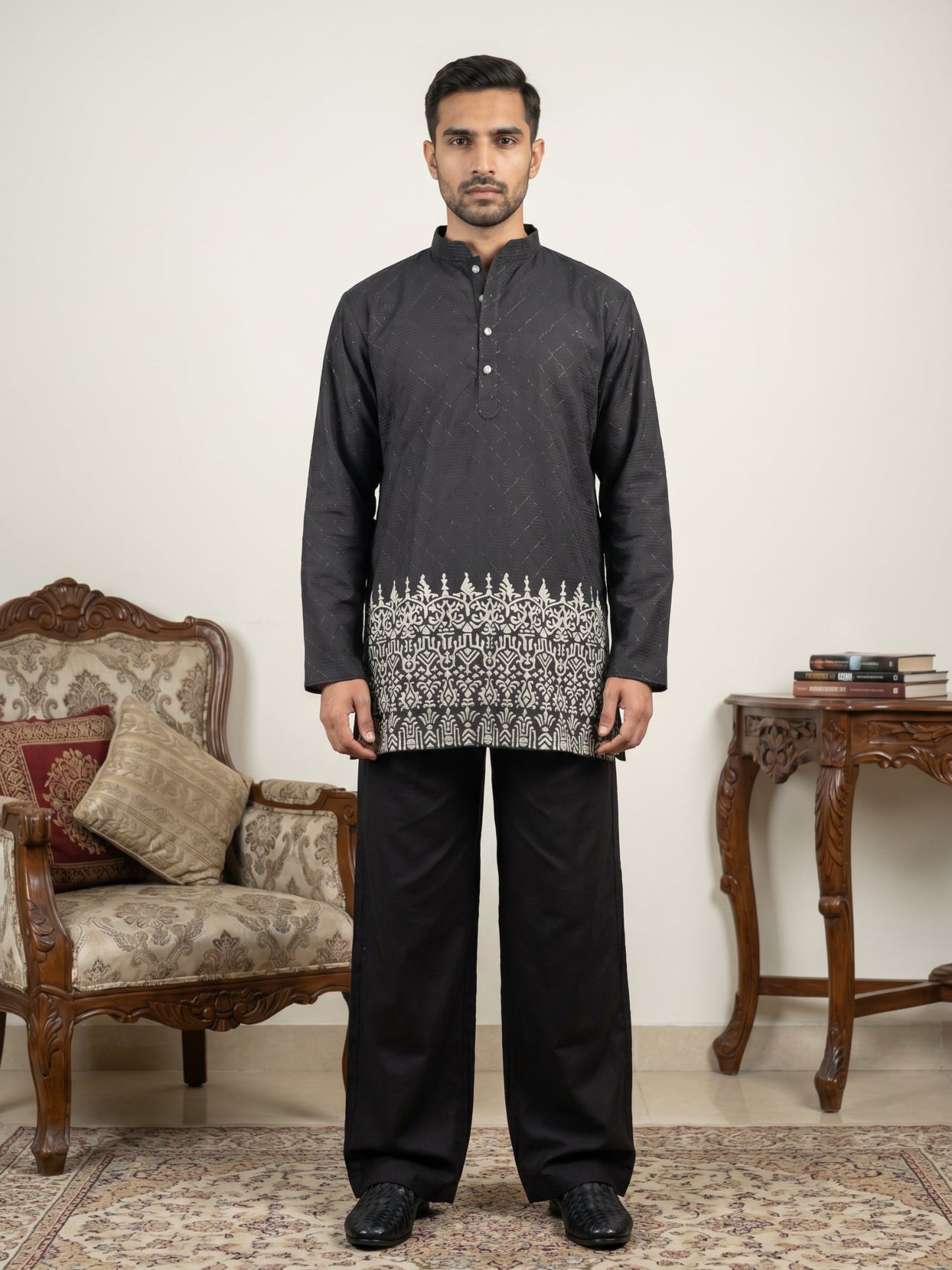 Men's Ethnic Printed & Thread Work Kurta with Korean Pants